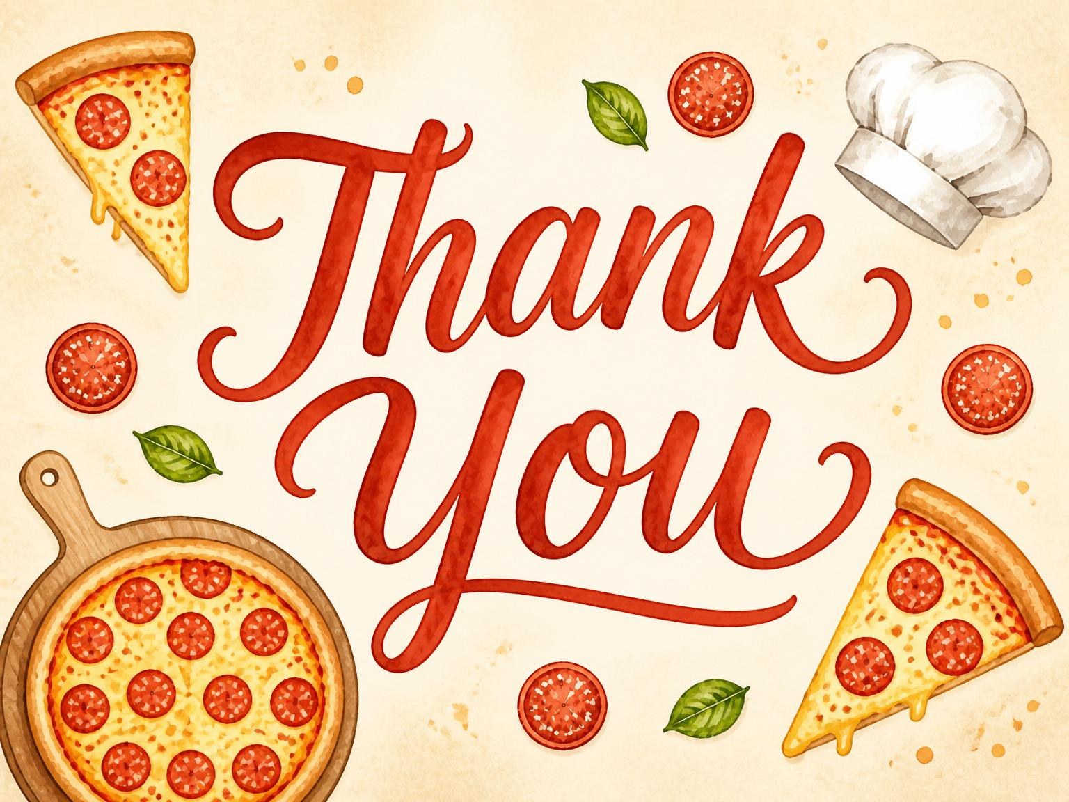 The matching thank-you card for the Pepperoni Pizza Shaped 5th Birthday invitation
