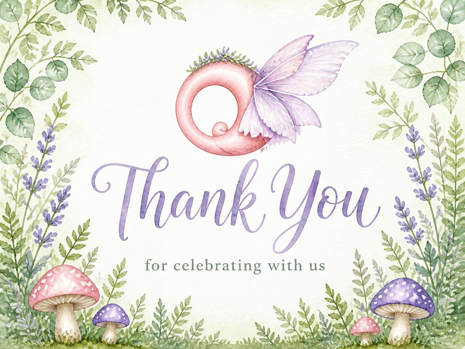 The matching thank-you card for the Watercolor Fairy Forest 3rd Birthday invitation