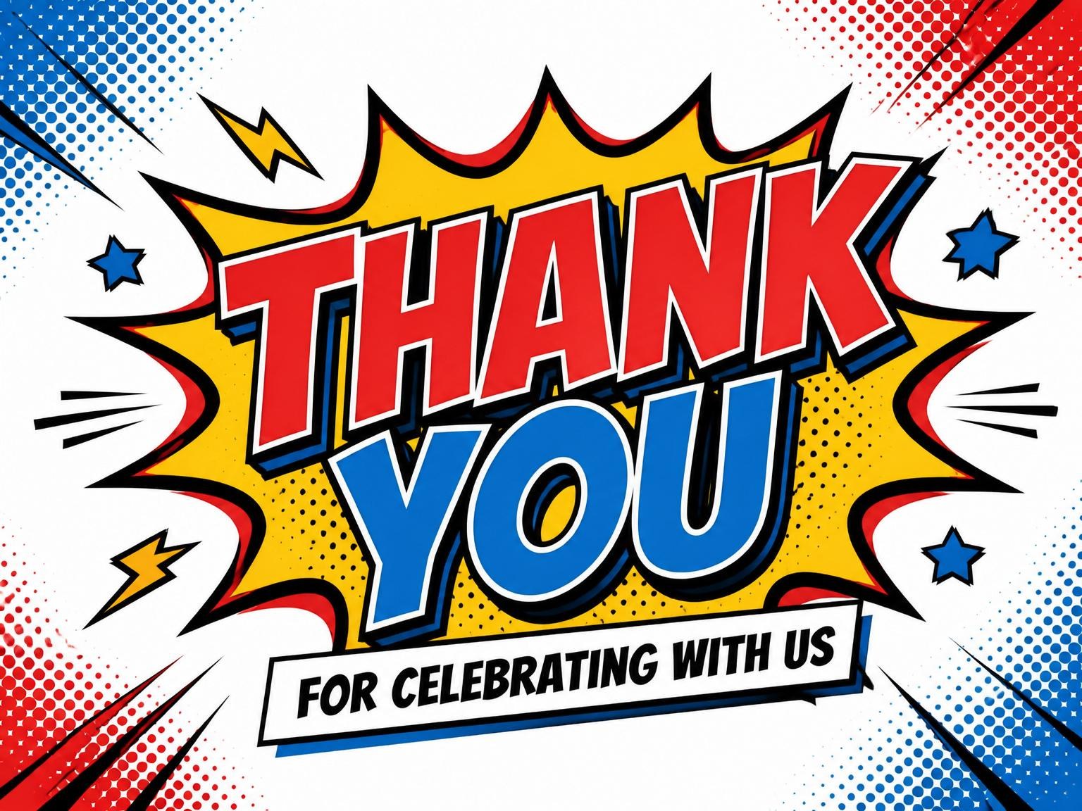 The matching thank-you card for the Primary Color Pop-Art 5th Birthday invitation