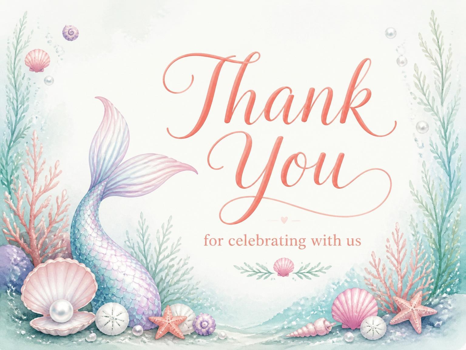 The matching thank-you card for the Pastel Watercolor Mermaid 6th Birthday Invitation invitation
