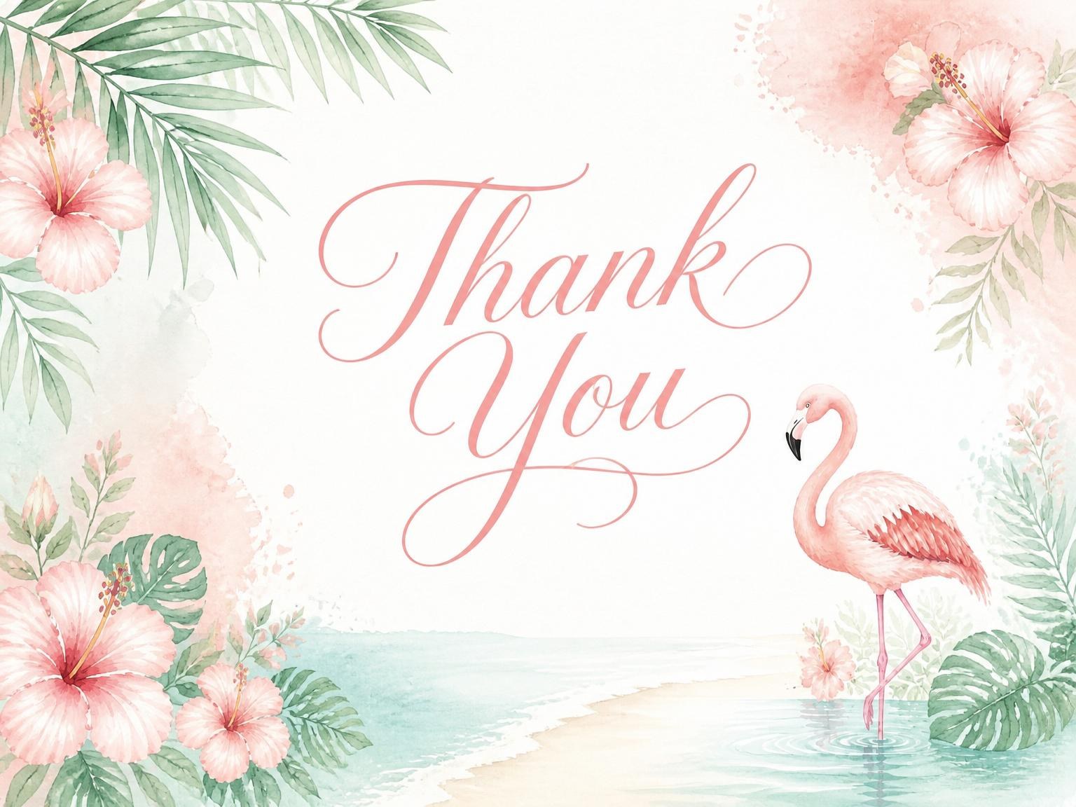 The matching thank-you card for the Watercolor Flamingo Tropical Beach Party invitation