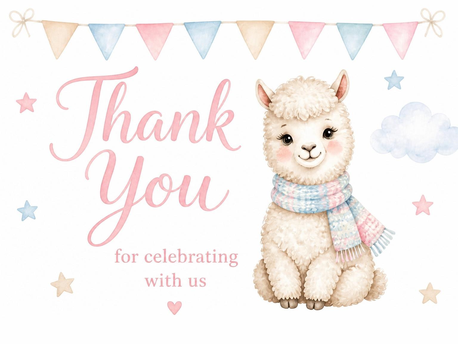 The matching thank-you card for the Pastel Watercolor Alpaca 2nd Birthday invitation