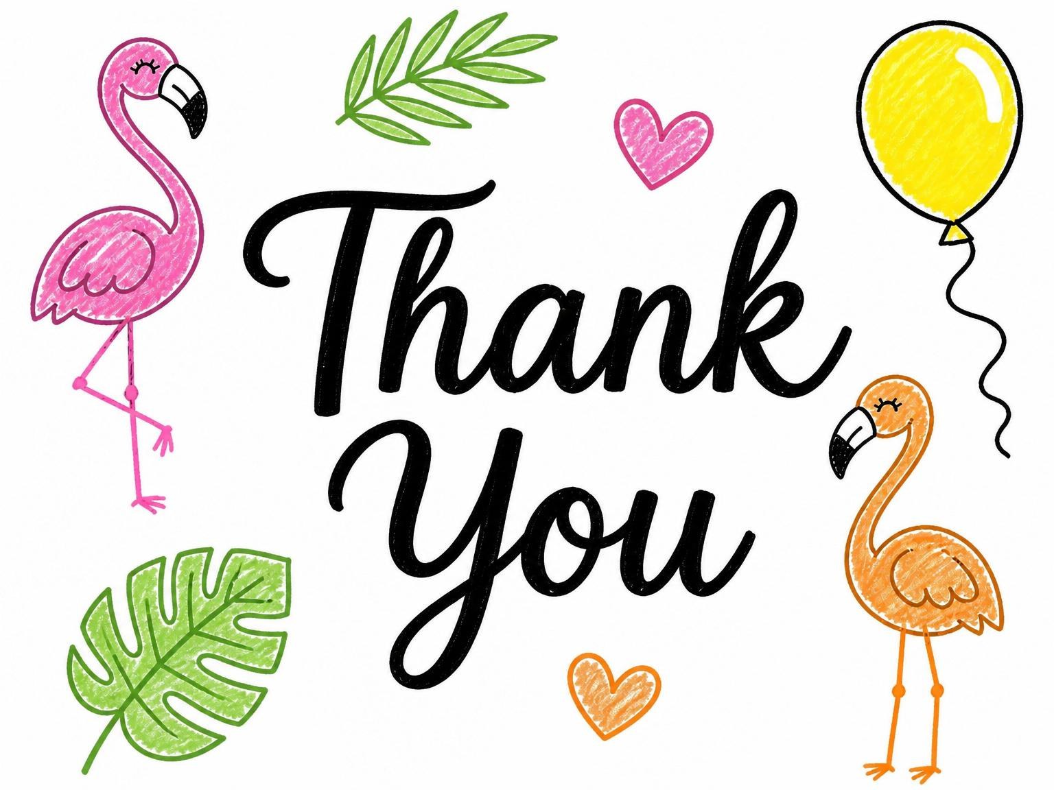 The matching thank-you card for the Crayon Flamingo Balloon 1st Birthday invitation