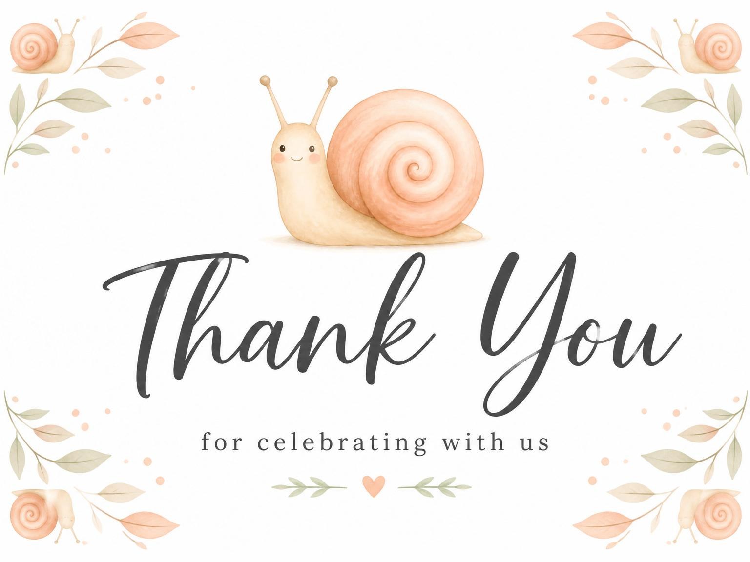 The matching thank-you card for the Peach Watercolor Snail 3rd Birthday Invite invitation