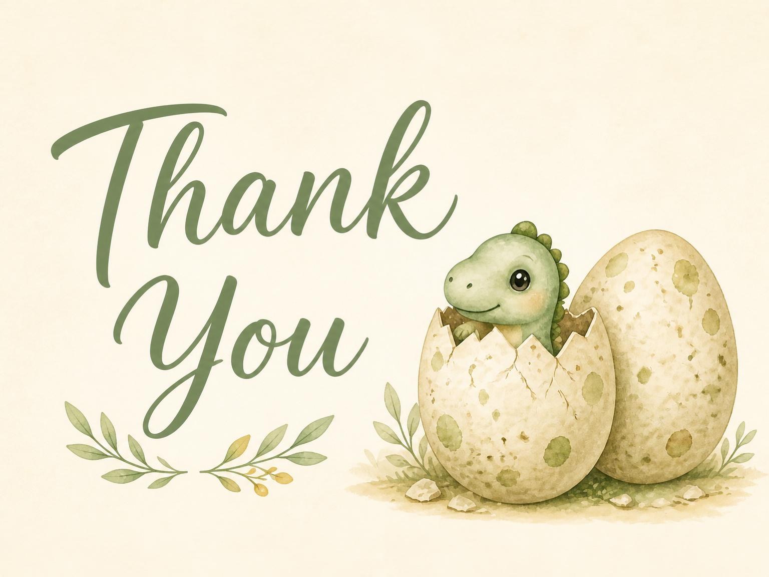 The matching thank-you card for the Watercolor Dino Hatching 1st Birthday invitation