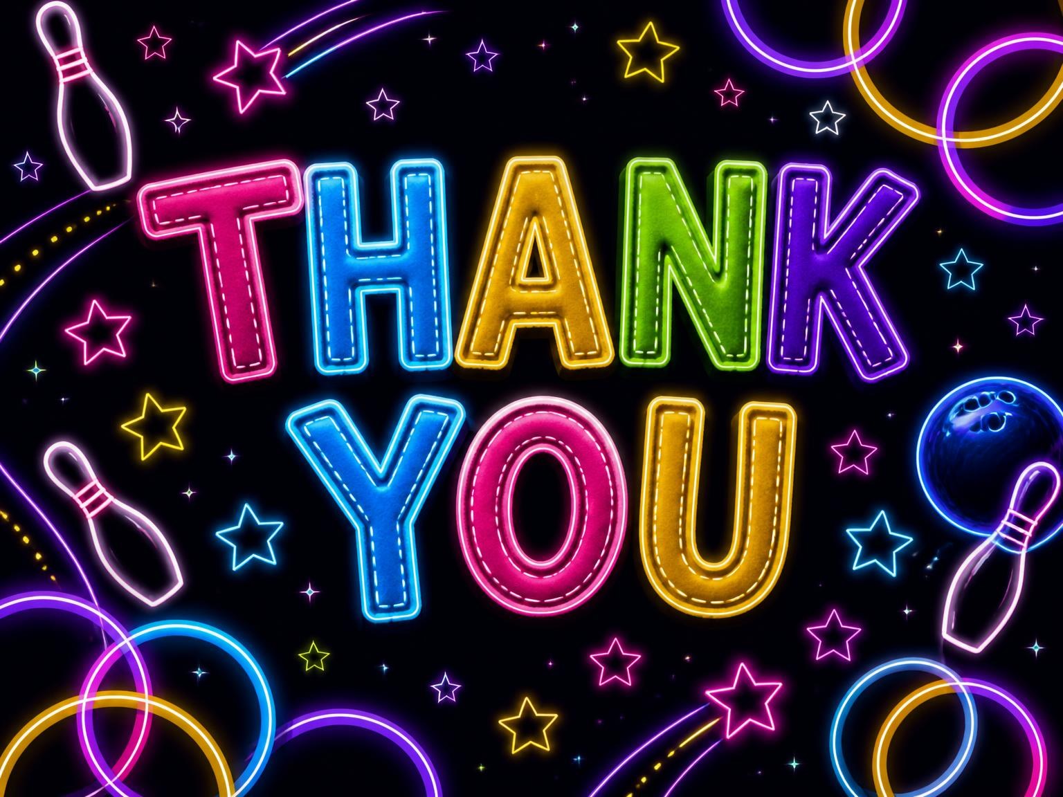 The matching thank-you card for the Neon Bowling 20th Birthday Invitation invitation