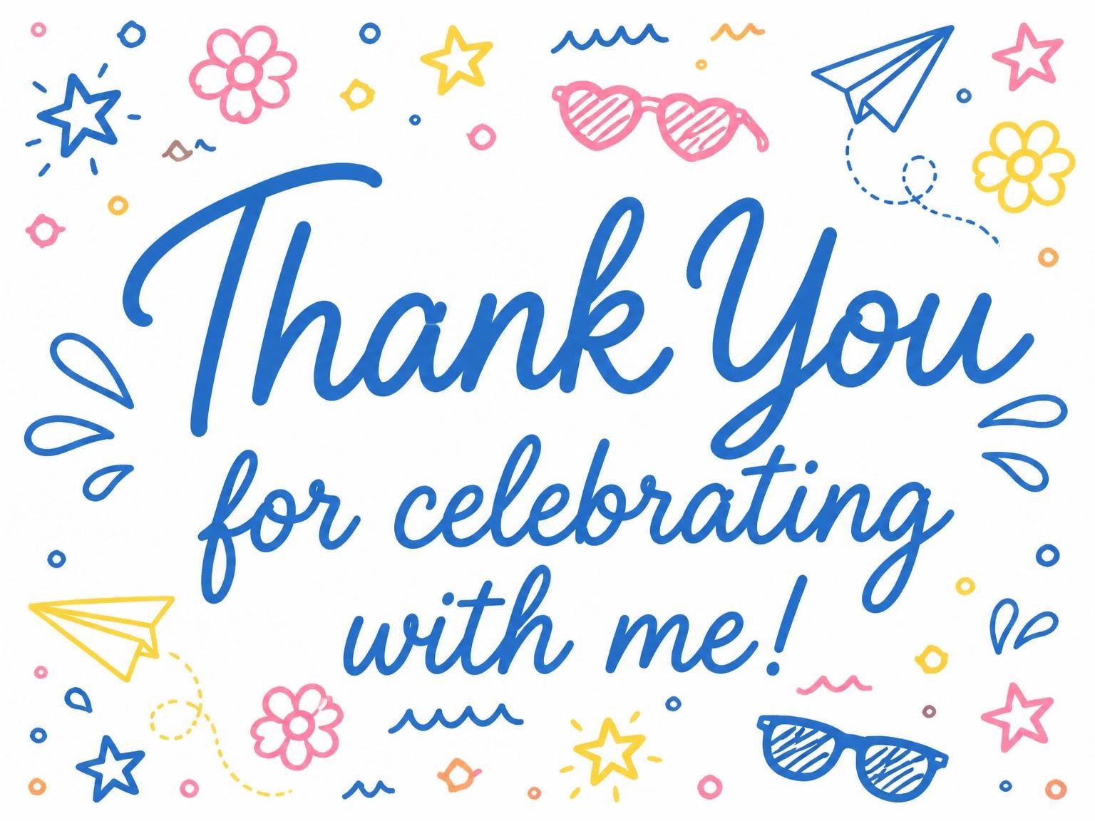 The matching thank-you card for the Blue Yellow Pink Doodle Pool Birthday invitation