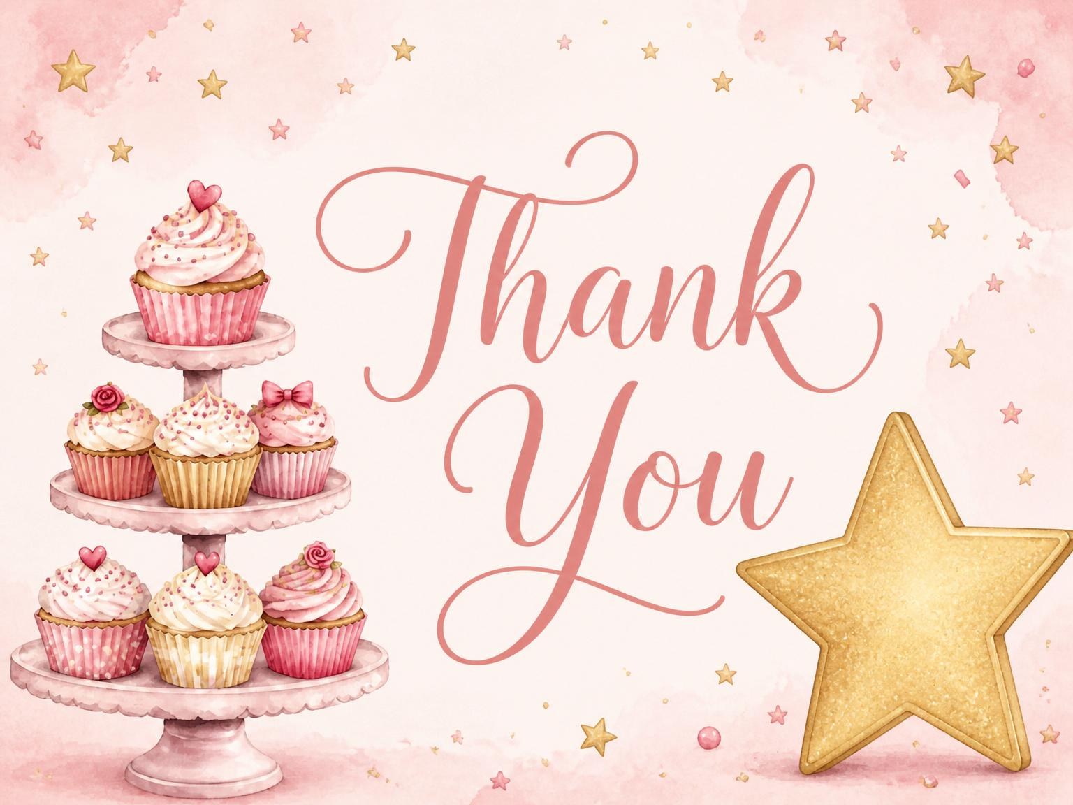 The matching thank-you card for the Watercolor Cupcake Gold Number 1st Birthday invitation