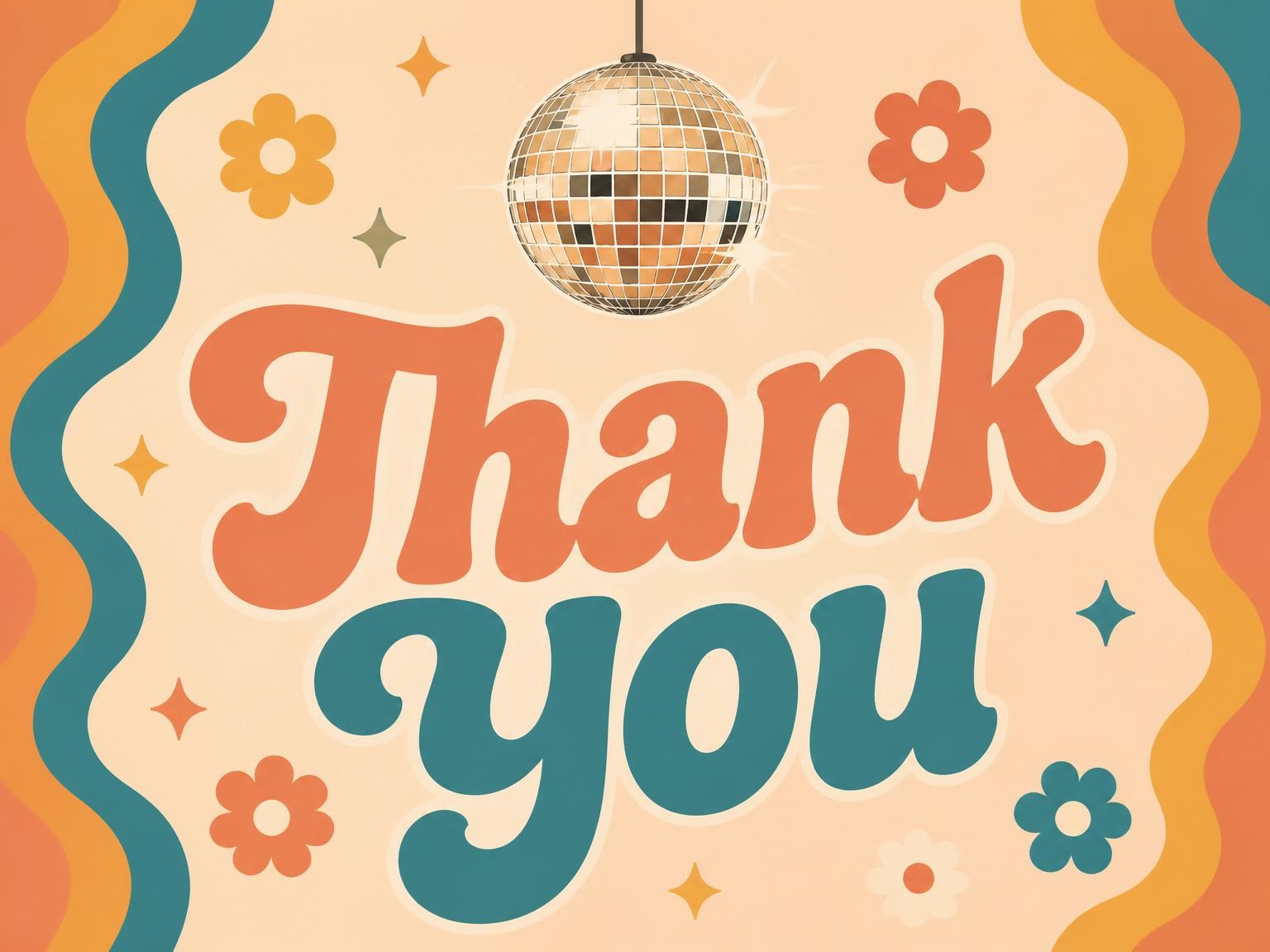 The matching thank-you card for the Retro 70s Disco 2nd Birthday invitation