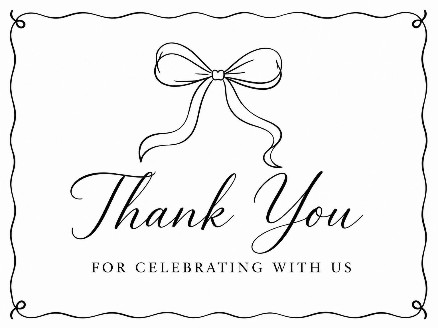 The matching thank-you card for the Minimalist Black and White Bow Bridal Shower invitation