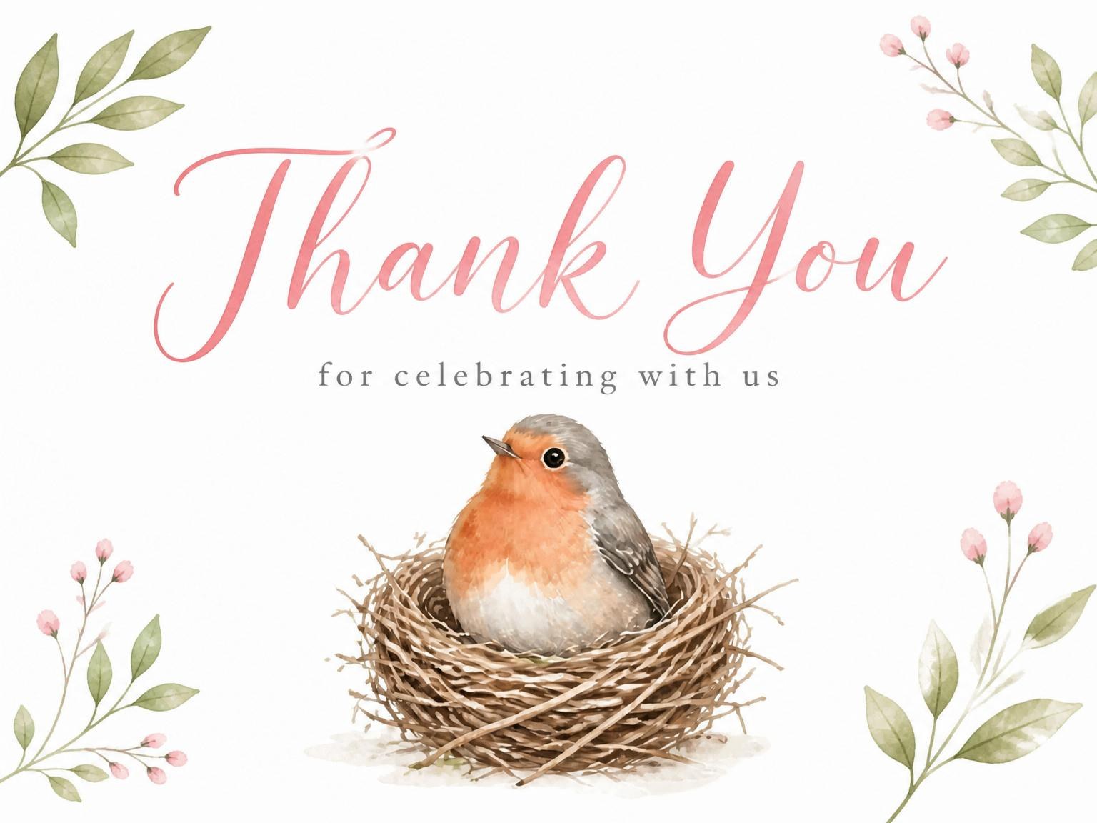 The matching thank-you card for the Watercolor Robin Nest First Birthday invitation