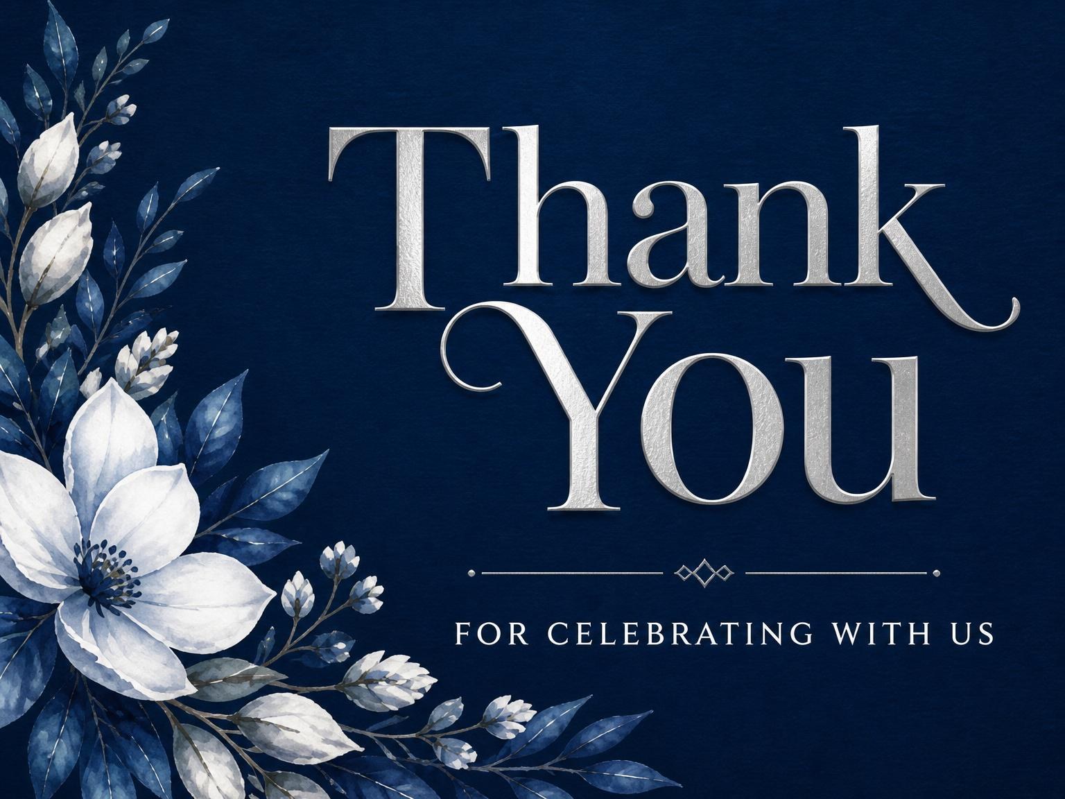 The matching thank-you card for the Navy Silver Floral 70th Birthday invitation