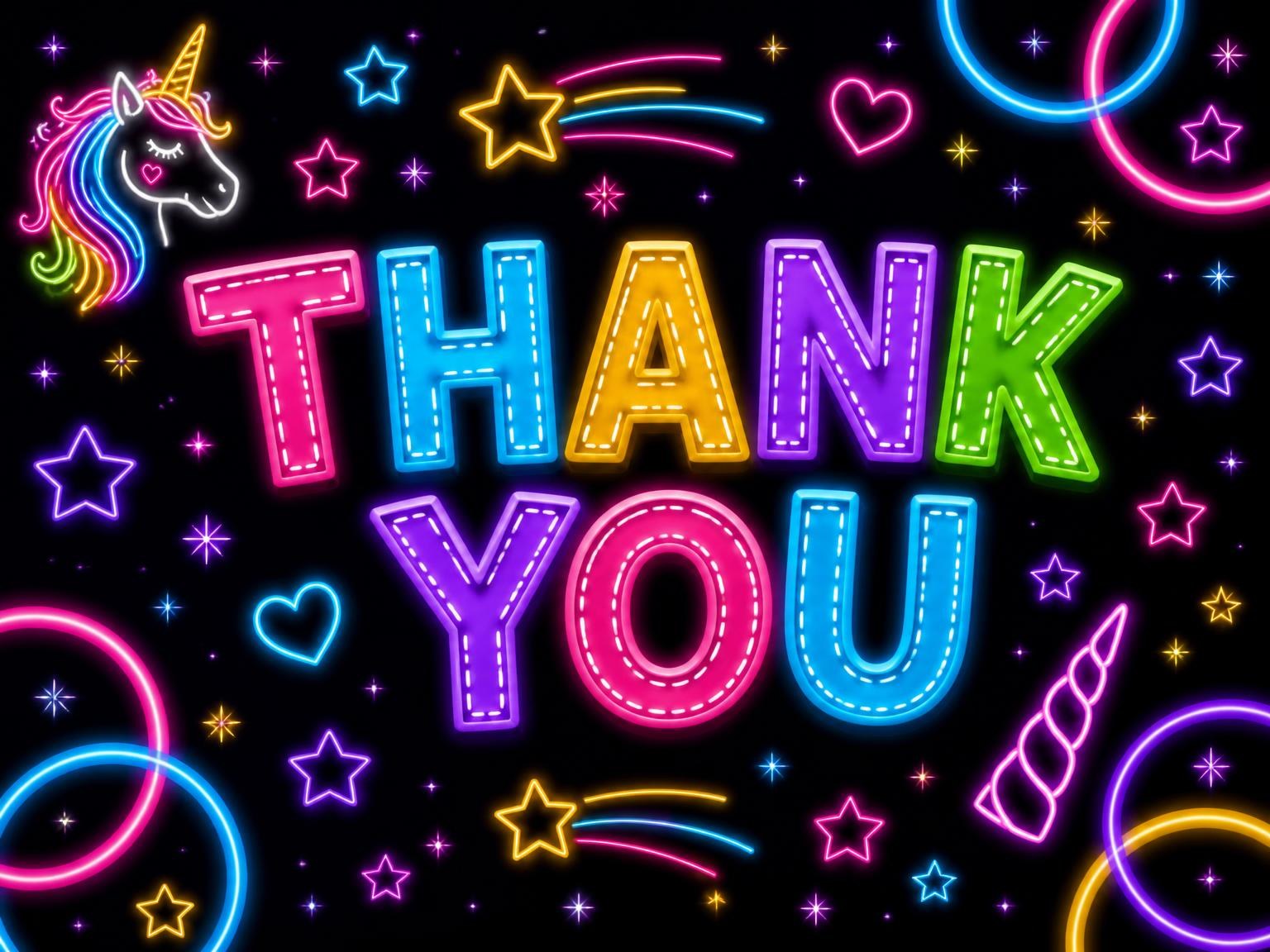 The matching thank-you card for the Neon Unicorn 10th Birthday Invitation invitation
