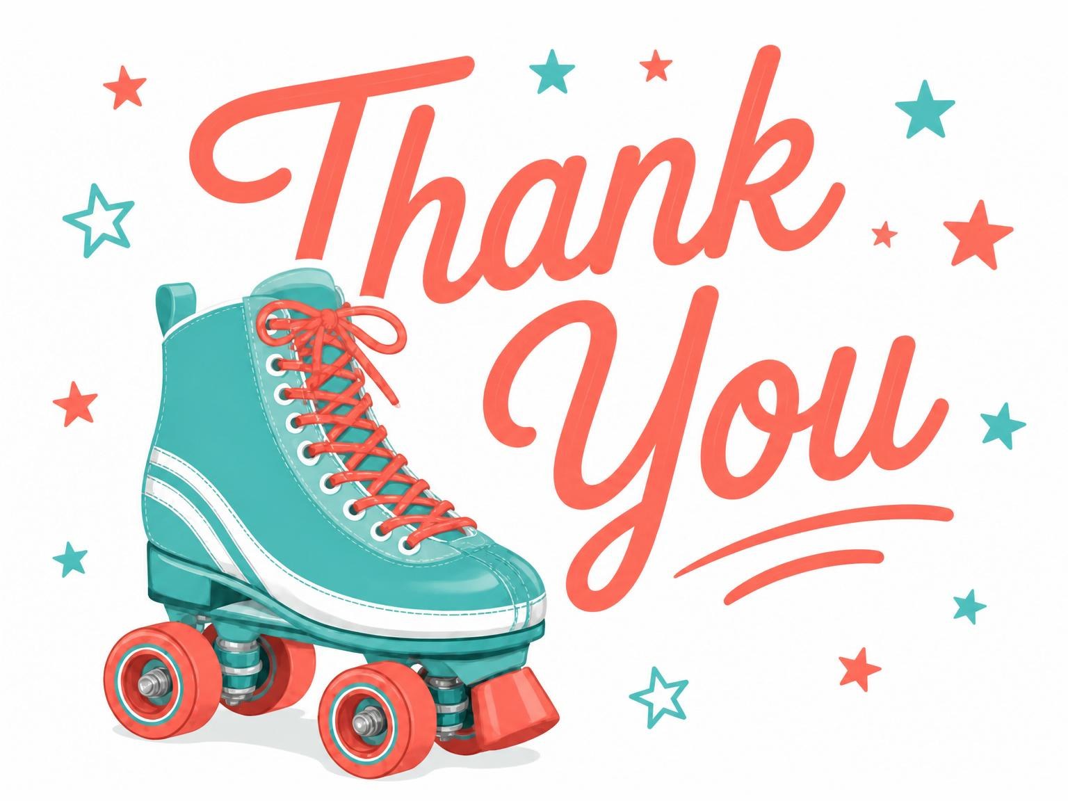 The matching thank-you card for the Teal and Coral Roller Skate 8th Birthday invitation