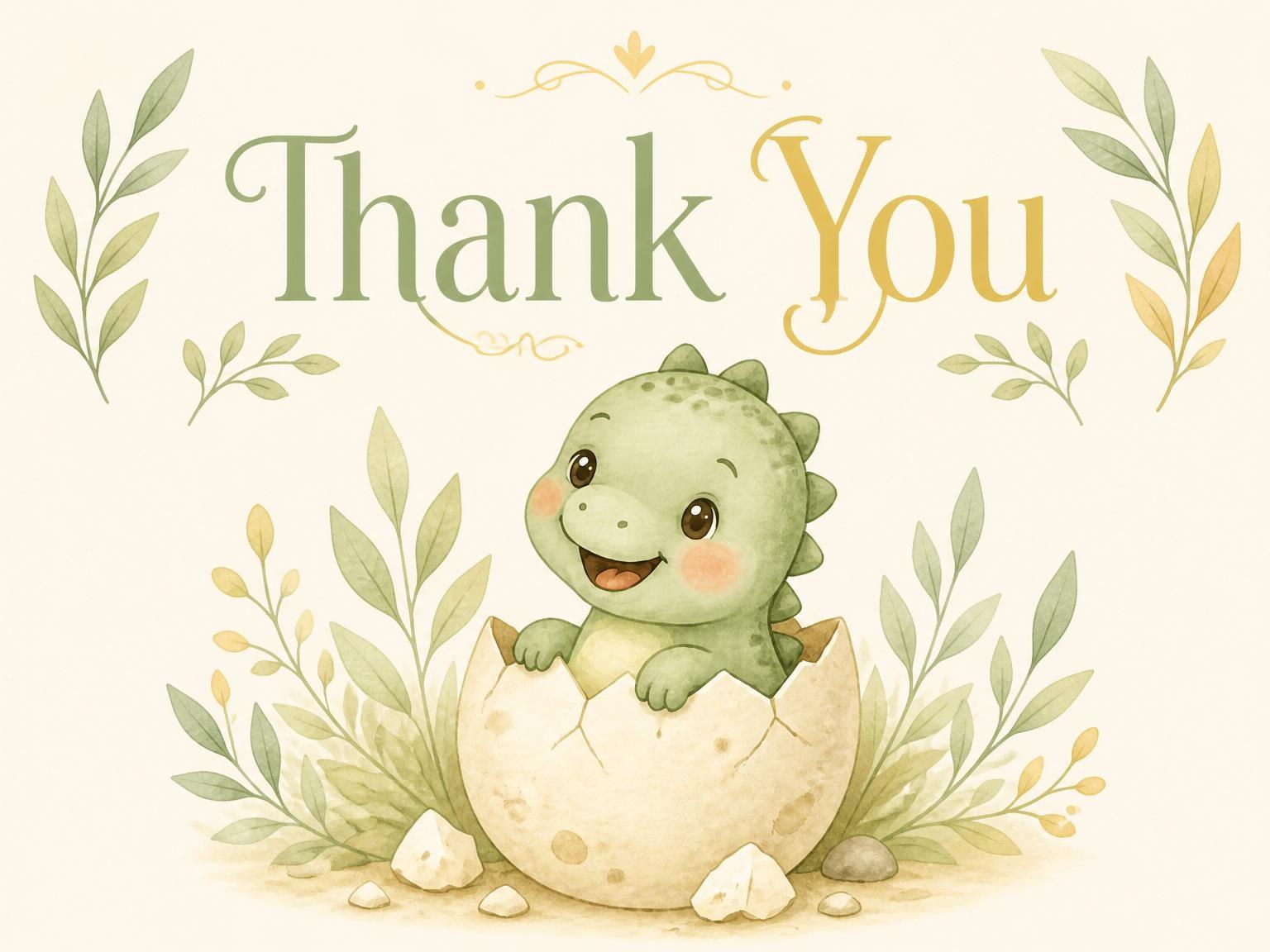 The matching thank-you card for the Watercolor Baby Dinosaur 1st Birthday invitation