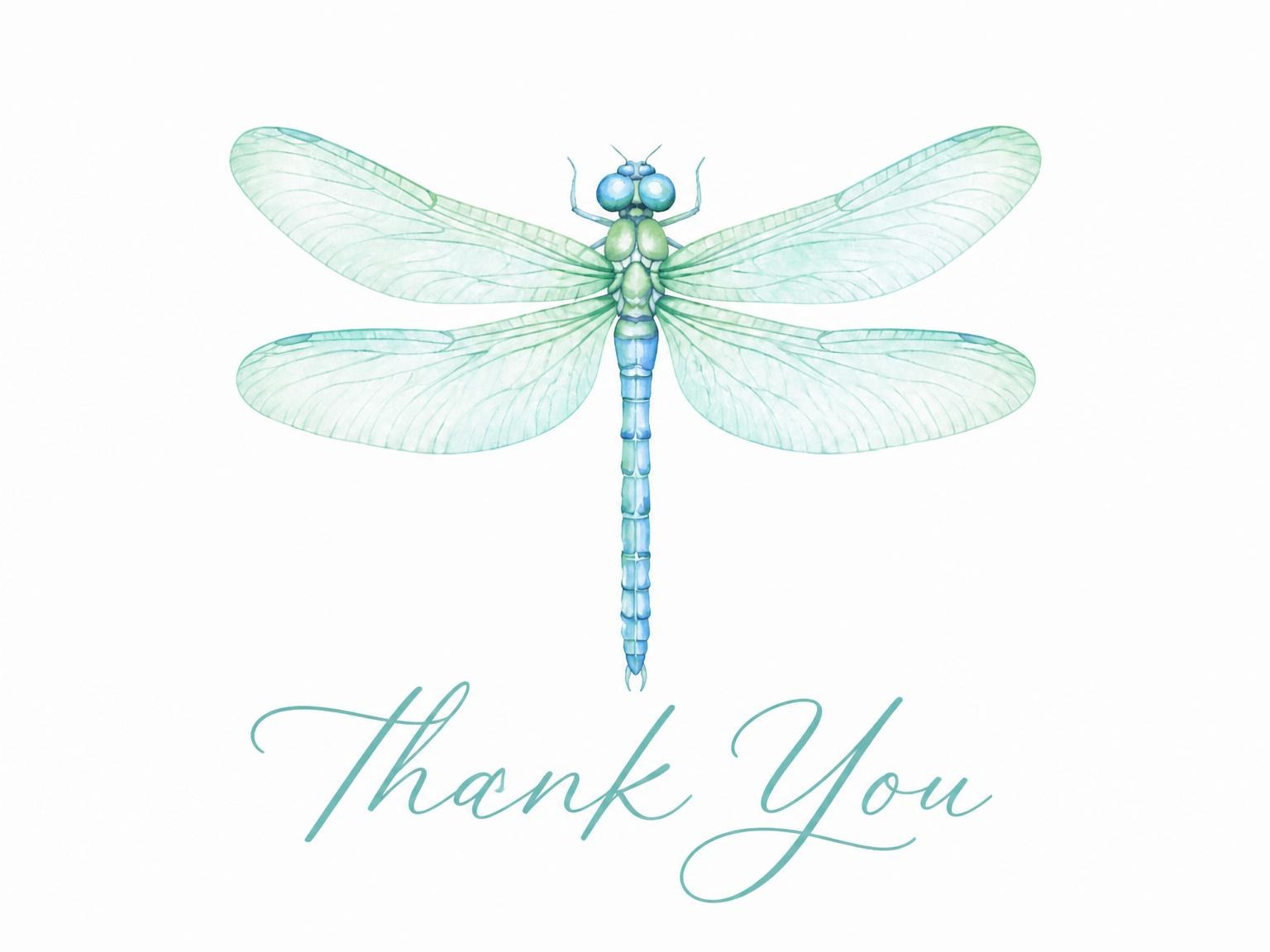The matching thank-you card for the Watercolor Blue Dragonfly 4th Birthday Invitation invitation