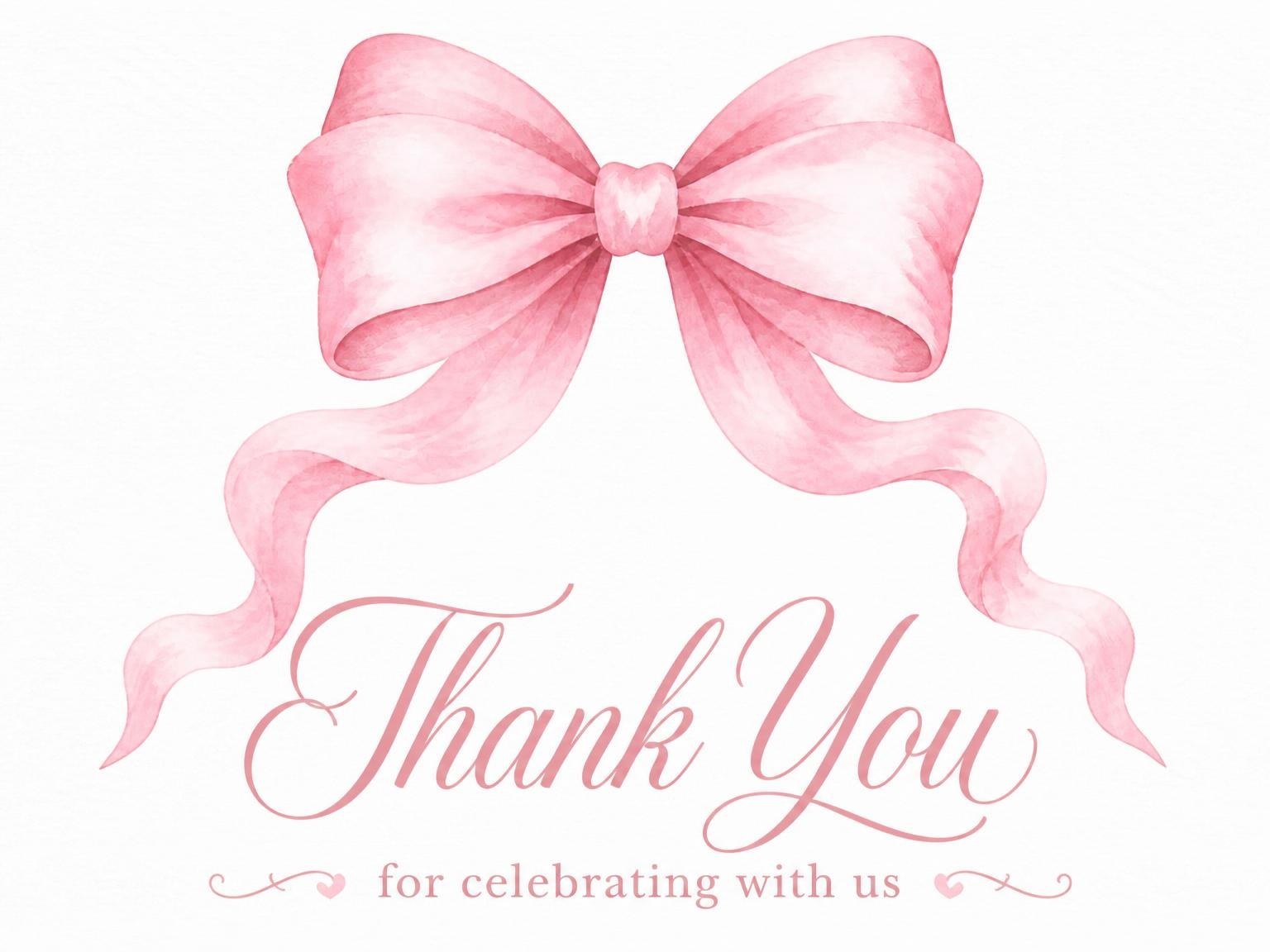 The matching thank-you card for the Pink Watercolor Bow Bridal Shower invitation