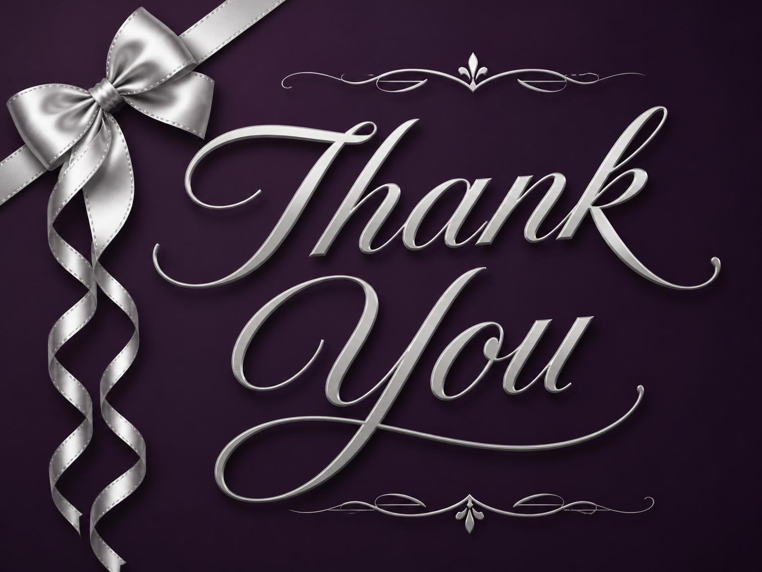 The matching thank-you card for the Royal Purple Silver Ribbon 45th Birthday invitation