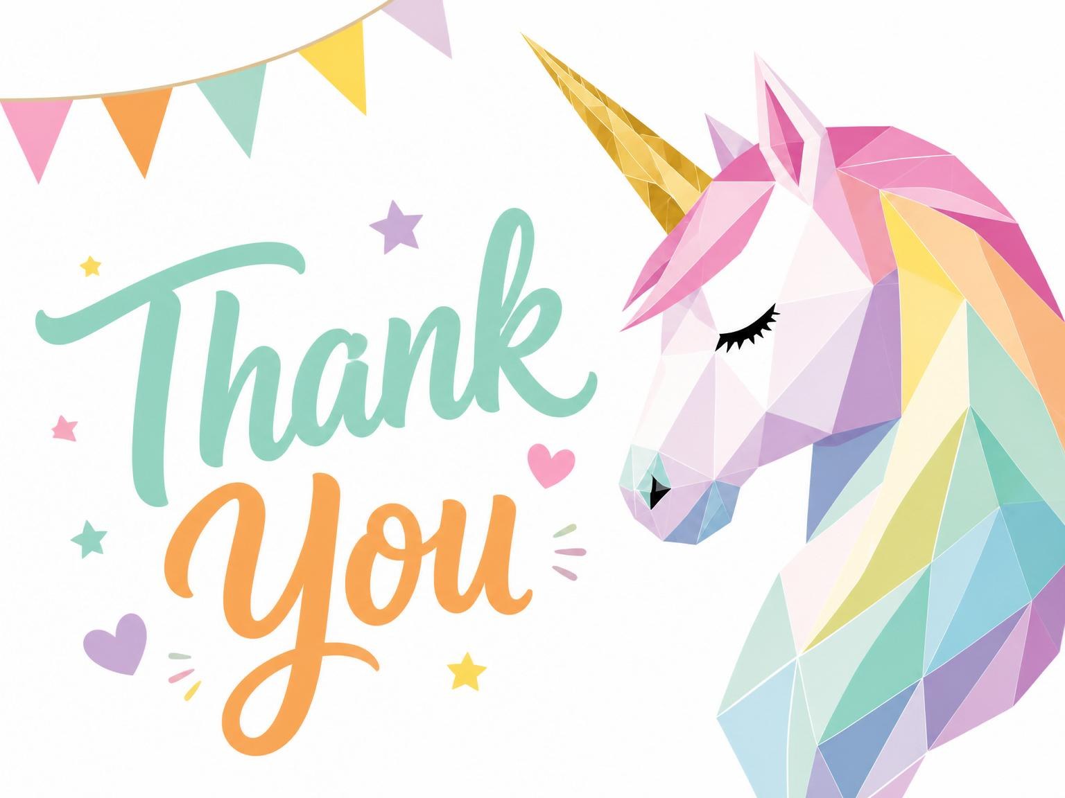 The matching thank-you card for the Pastel Geometric Unicorn 5th Birthday Invitation invitation