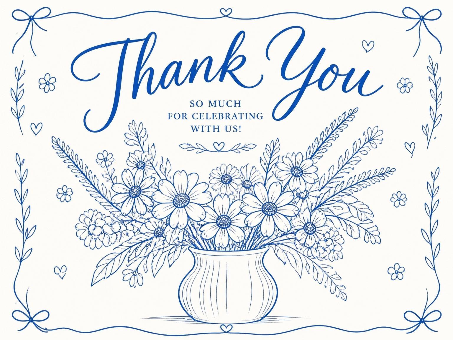 The matching thank-you card for the Blue Ink Daisy Bouquet 12th Birthday invitation