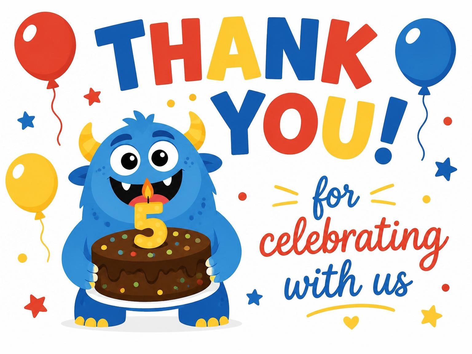 The matching thank-you card for the Blue Monster 5th Birthday Invitation invitation