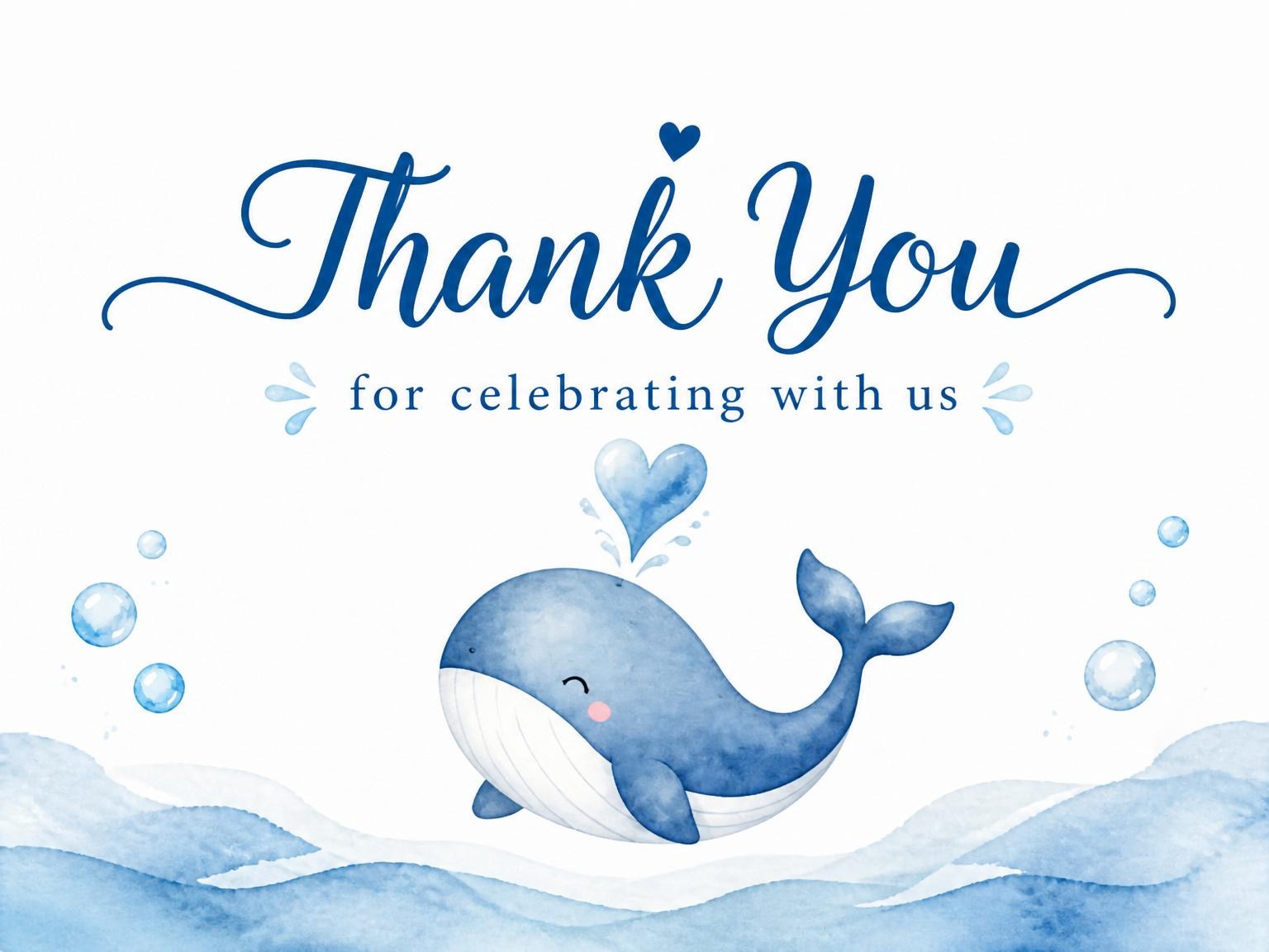 The matching thank-you card for the Blue Watercolor Whale 2nd Birthday invitation