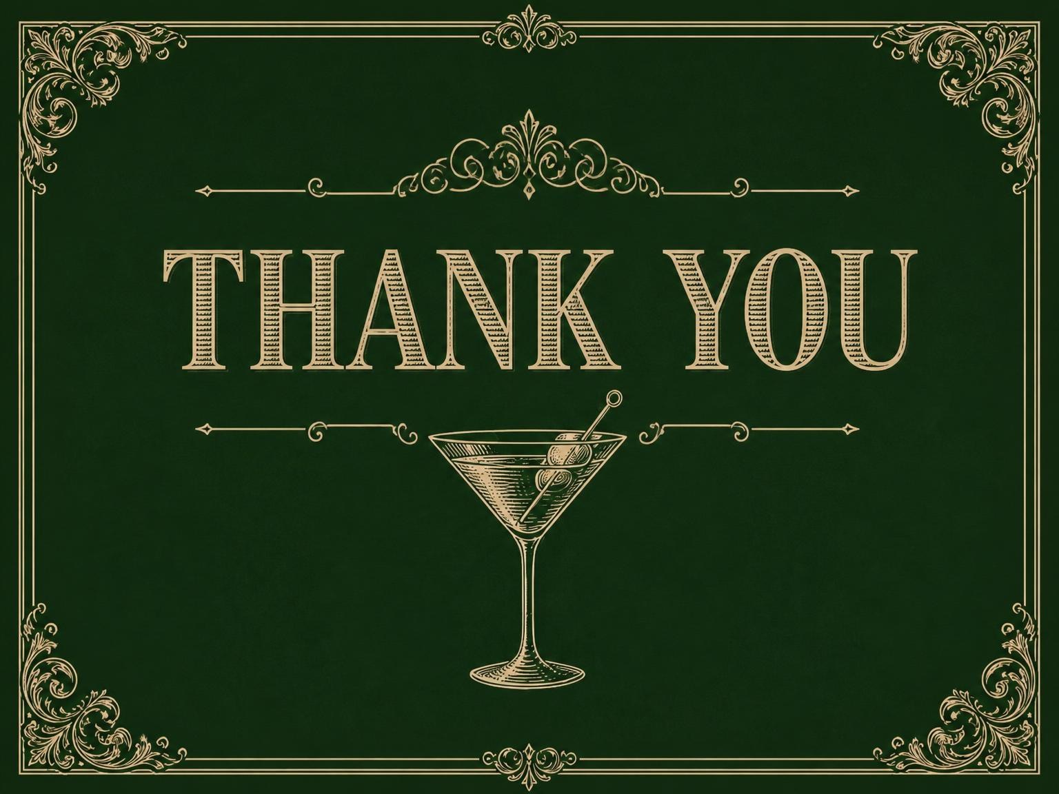 The matching thank-you card for the Gold Martini Forest 30th Birthday Invitation invitation