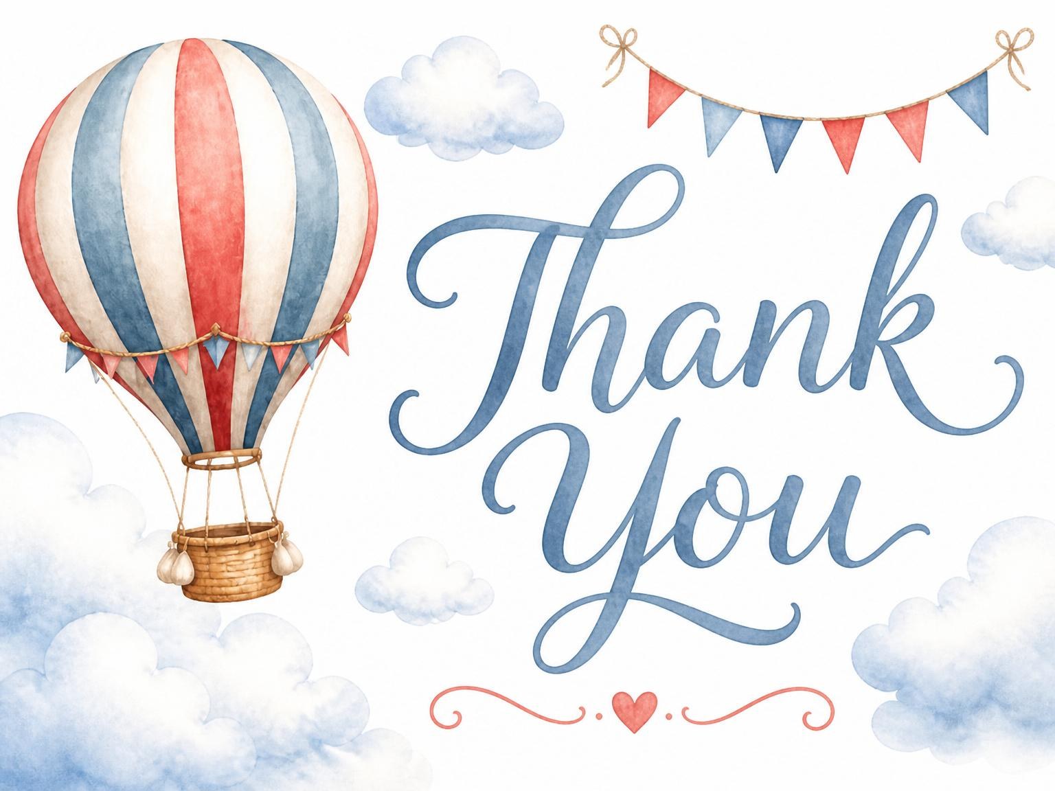The matching thank-you card for the Watercolor Hot Air Balloon 7th Birthday invitation