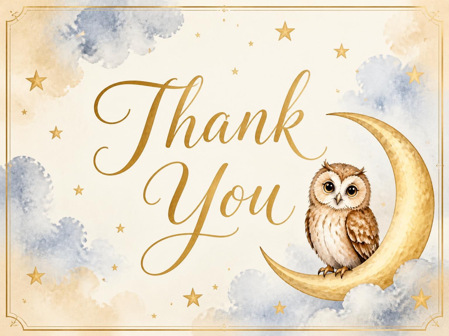 The matching thank-you card for the Watercolor Crescent Moon Owl 7th Birthday invitation