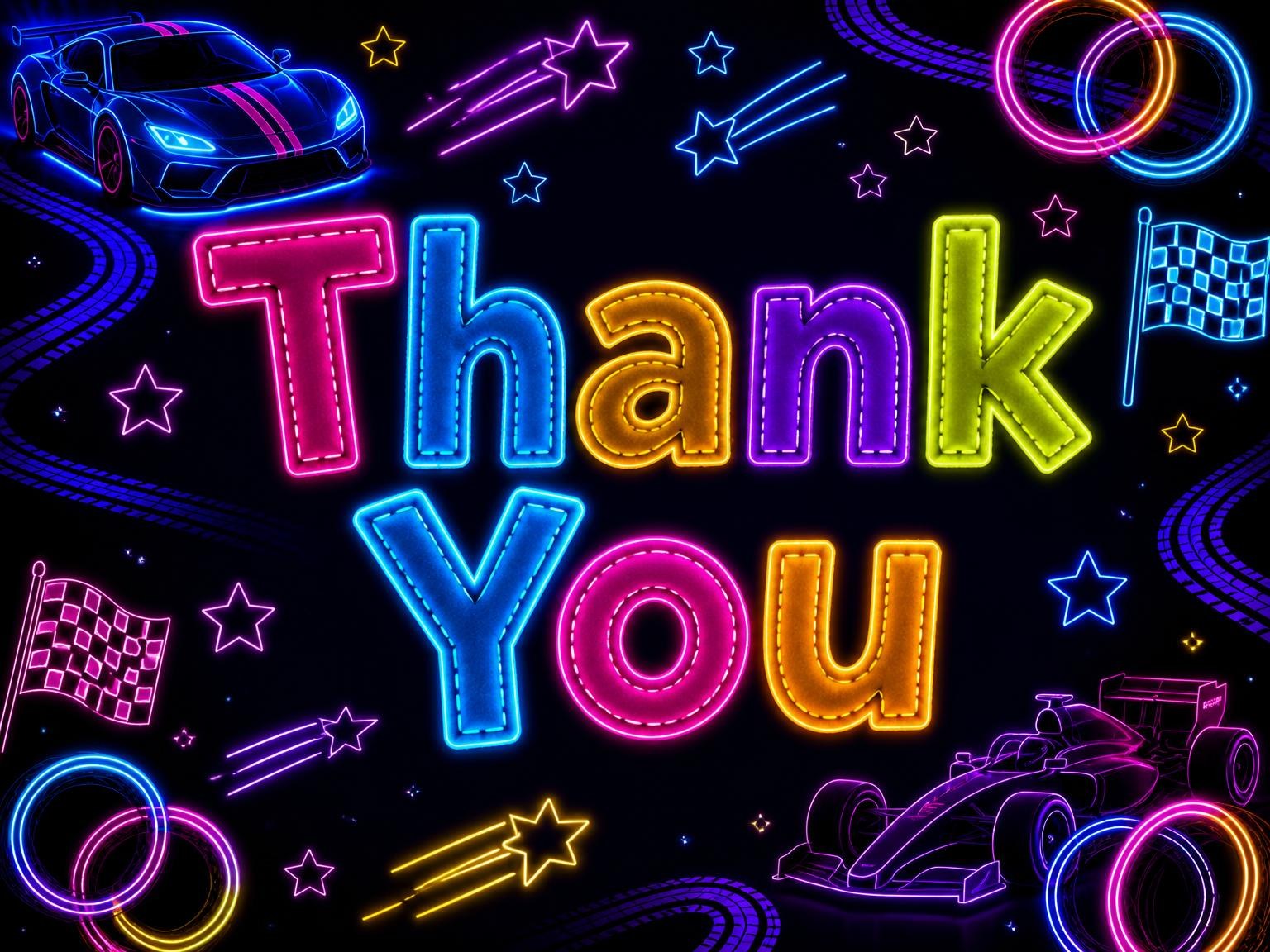 The matching thank-you card for the Neon Race Cars 15th Birthday Invitation invitation