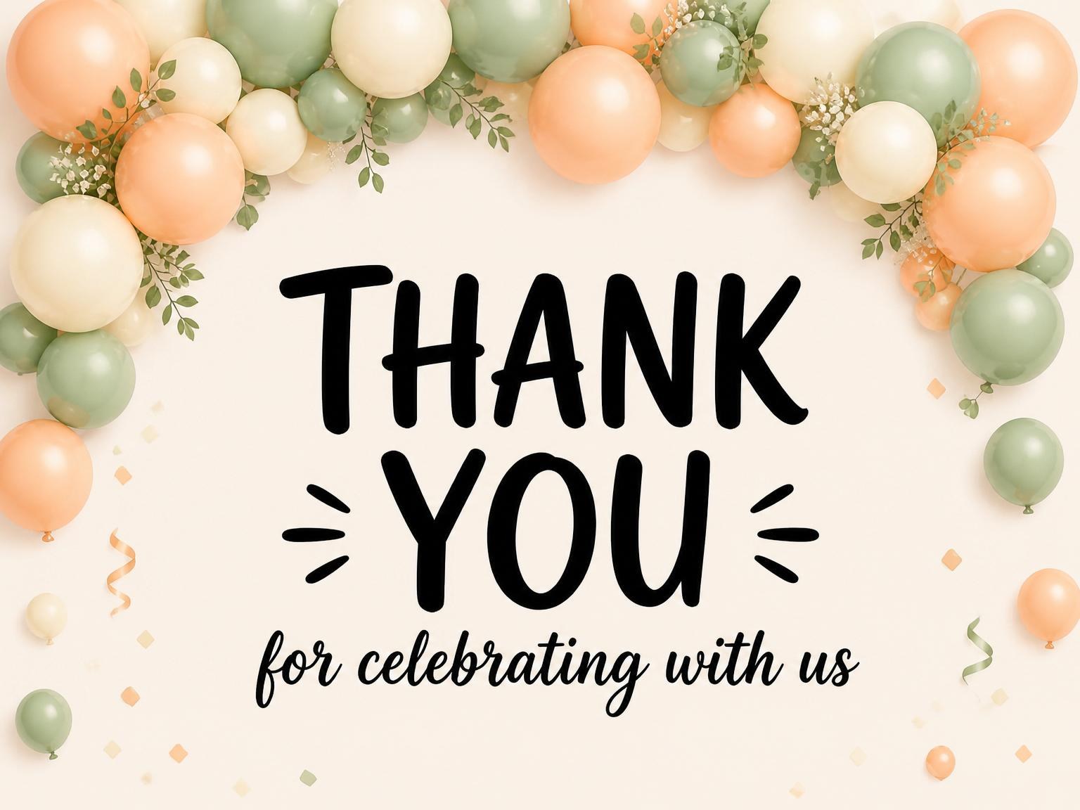 The matching thank-you card for the Sage and Peach Balloon 10th Birthday invitation