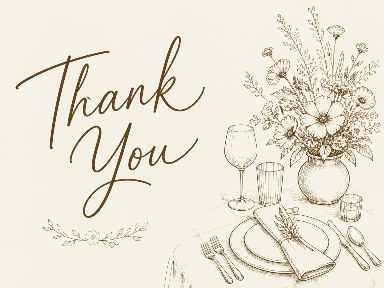 The matching thank-you card for the Cream Line-Art Tabletop Birthday Invitation invitation