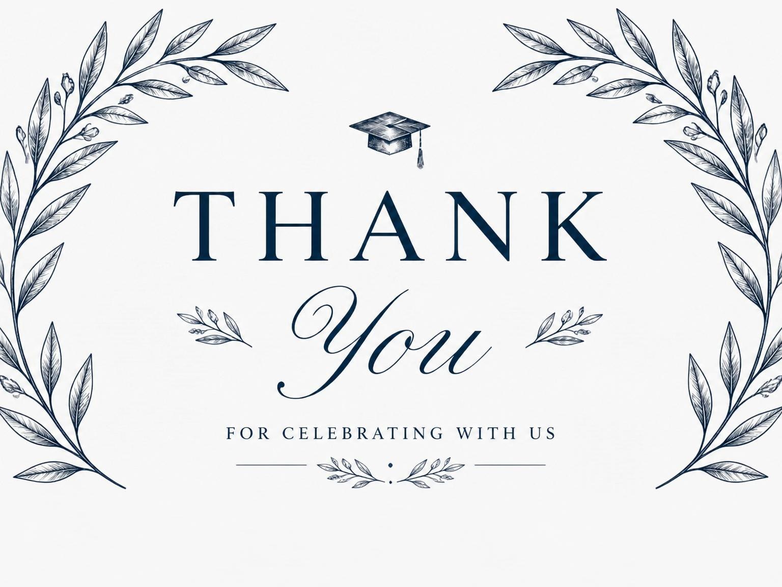 The matching thank-you card for the Elegant Navy Leafy Graduation invitation