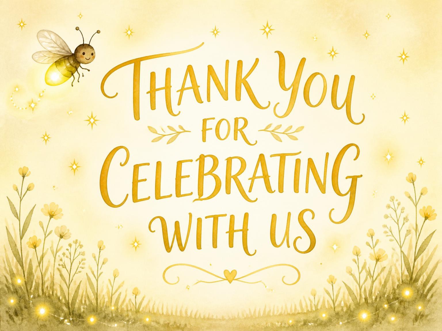 The matching thank-you card for the Watercolor Firefly Gold 1st Birthday invitation