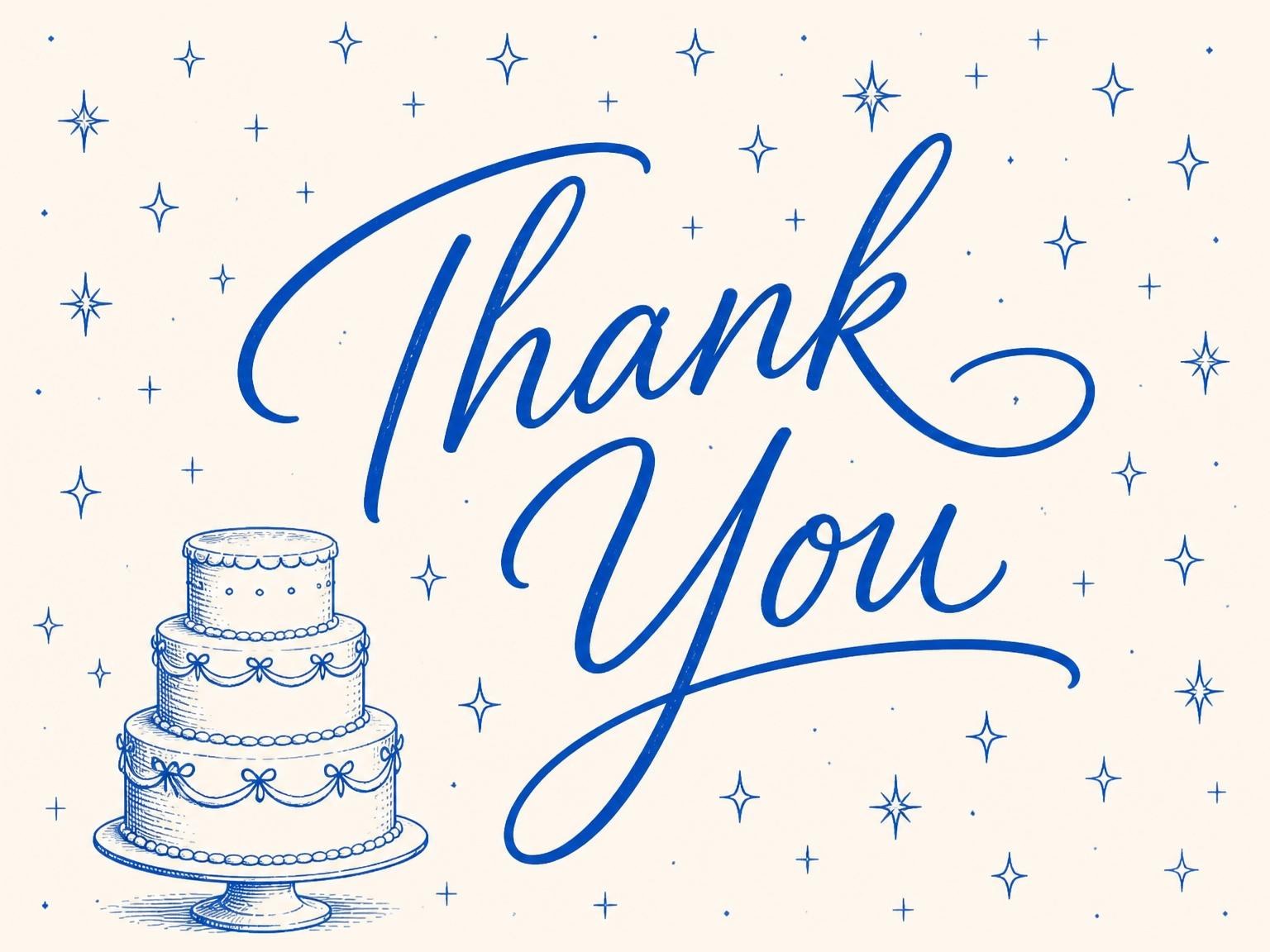 The matching thank-you card for the Cream and Blue Ink 25th Birthday invitation