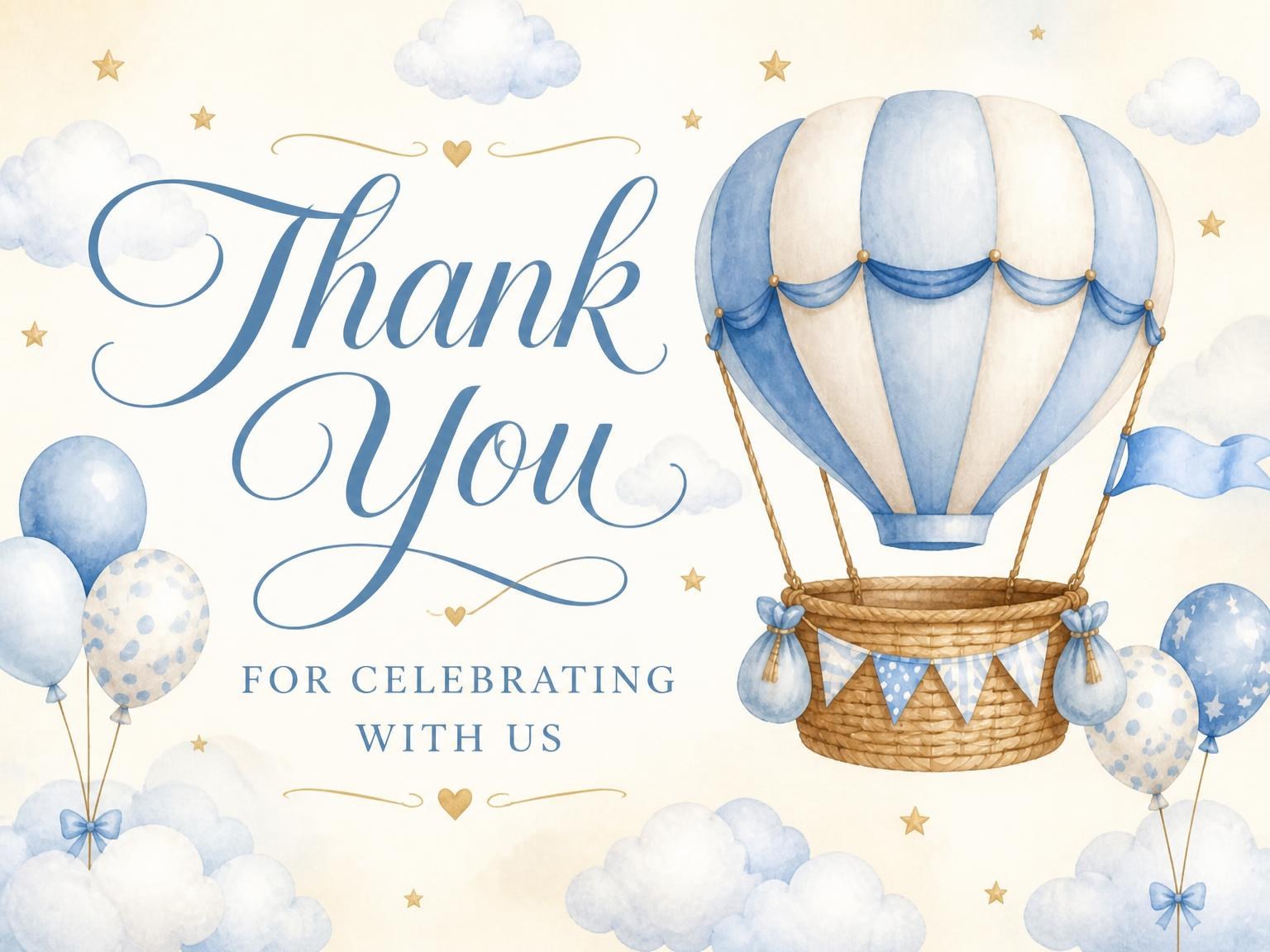 The matching thank-you card for the Blue Watercolor Teddy Hot Air Baby Shower invitation