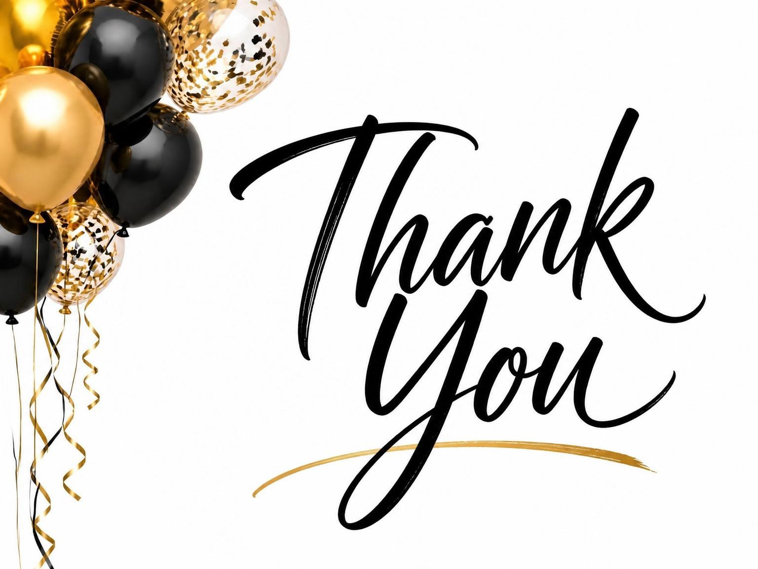 The matching thank-you card for the Gold and Black Balloon 1st Birthday invitation