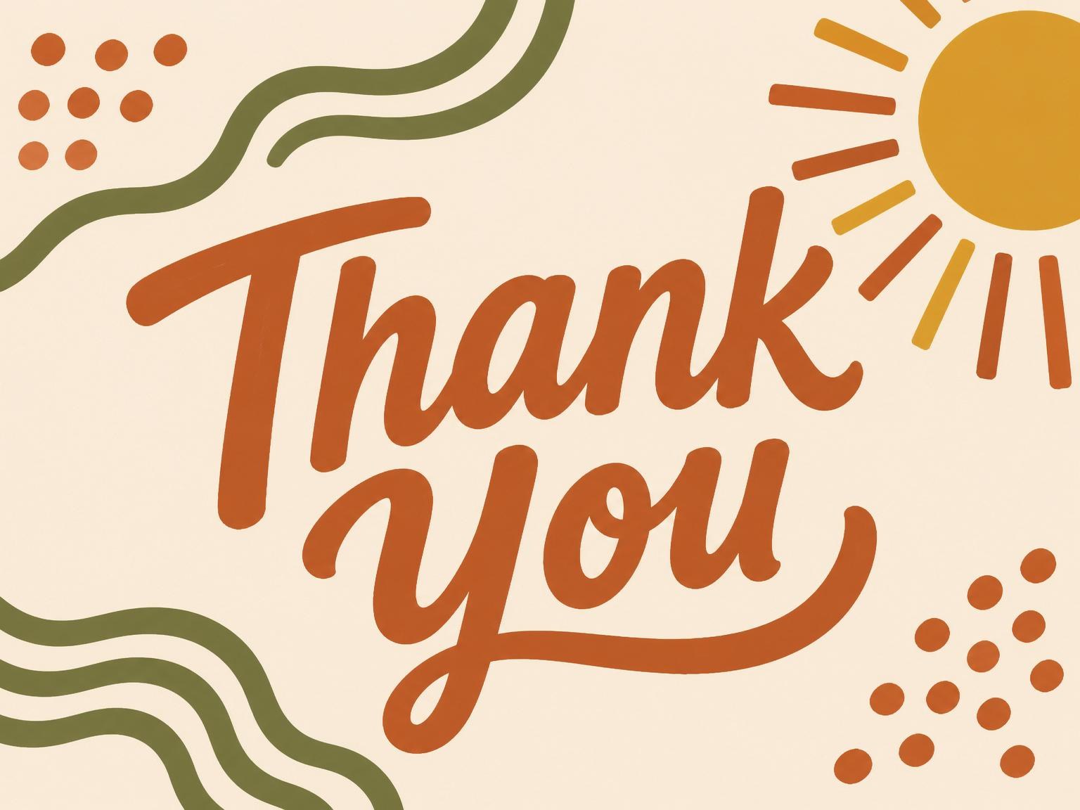 The matching thank-you card for the Terracotta Olive Retro Sun 65th Birthday invitation
