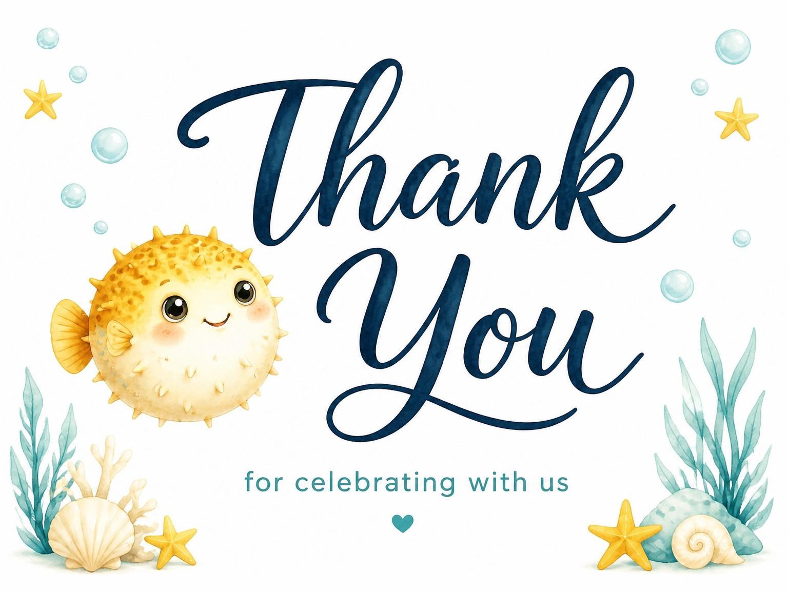 The matching thank-you card for the Watercolor Pufferfish Underwater 2nd Birthday invitation