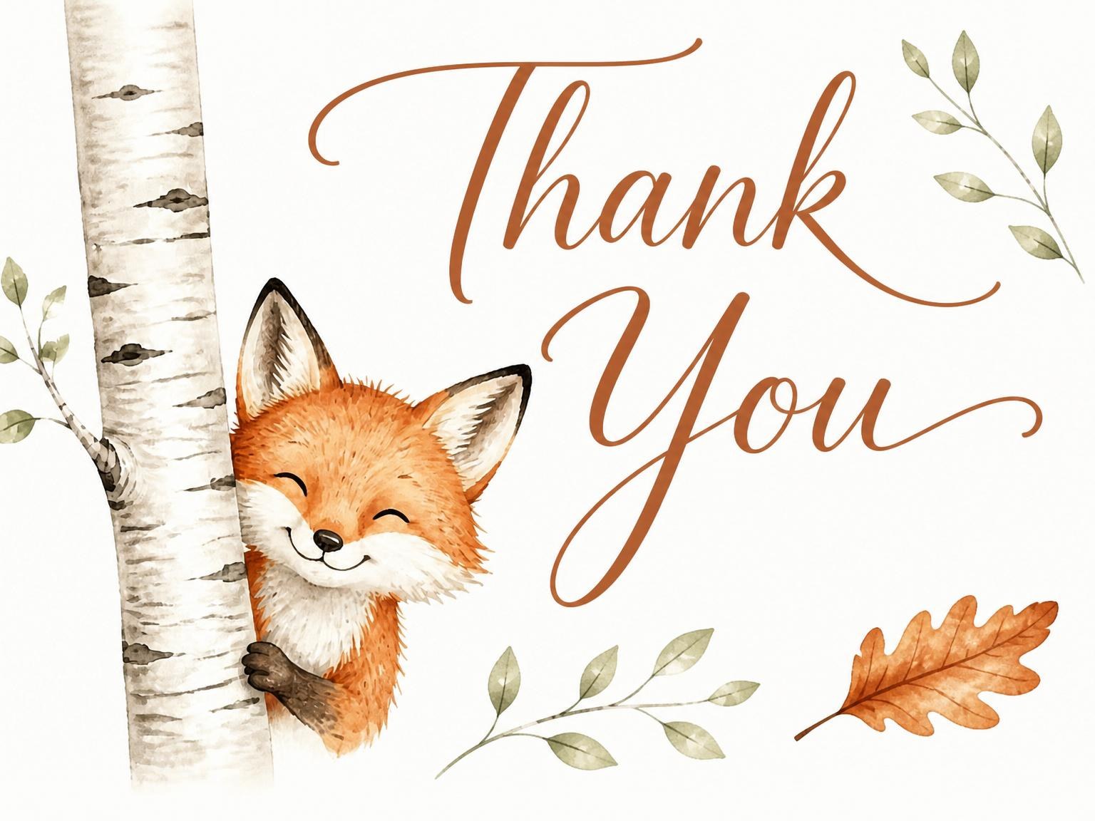 The matching thank-you card for the Watercolor Fox Birch Tree 8th Birthday invitation