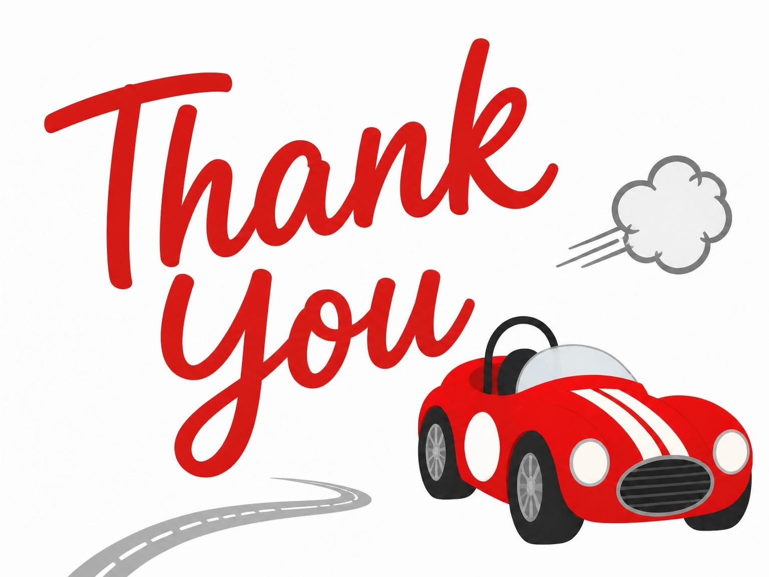 The matching thank-you card for the Red Roadster Race Car 2nd Birthday invitation