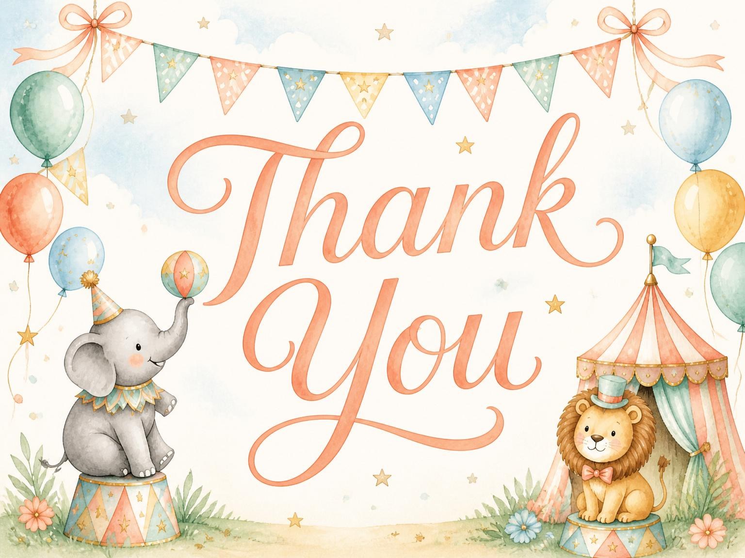 The matching thank-you card for the Pastel Watercolor Animal Circus 2nd Birthday invitation
