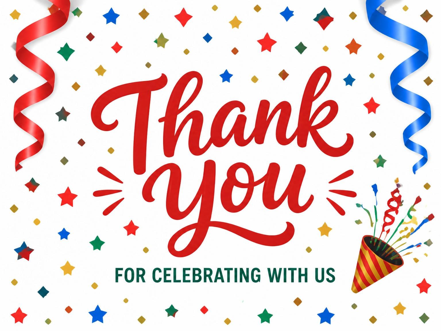 The matching thank-you card for the Colorful Confetti Streamer Sweet Sixteen invitation