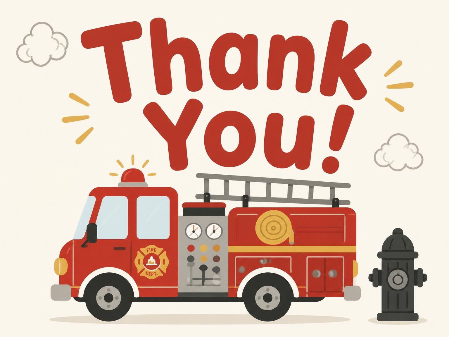 The matching thank-you card for the Fire Engine Motif 3rd Birthday Invitation invitation