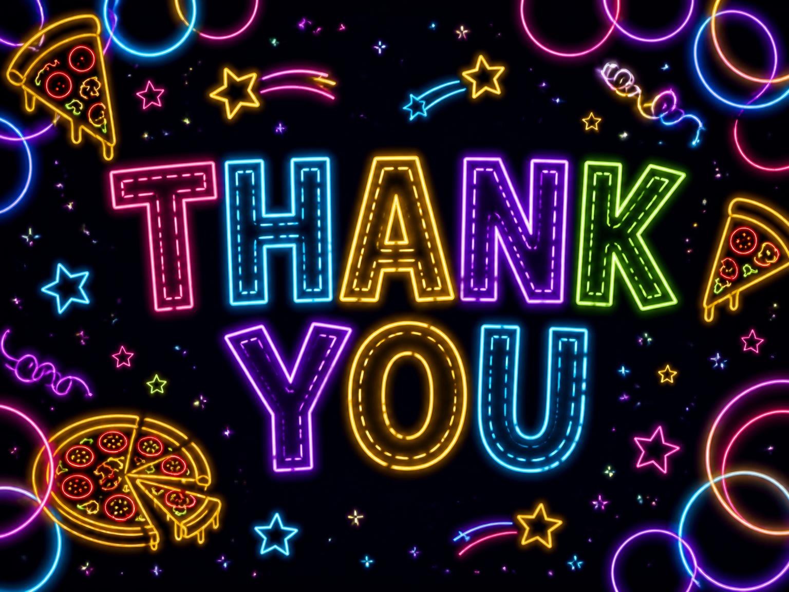 The matching thank-you card for the Neon Pizza 11th Birthday Invitation invitation