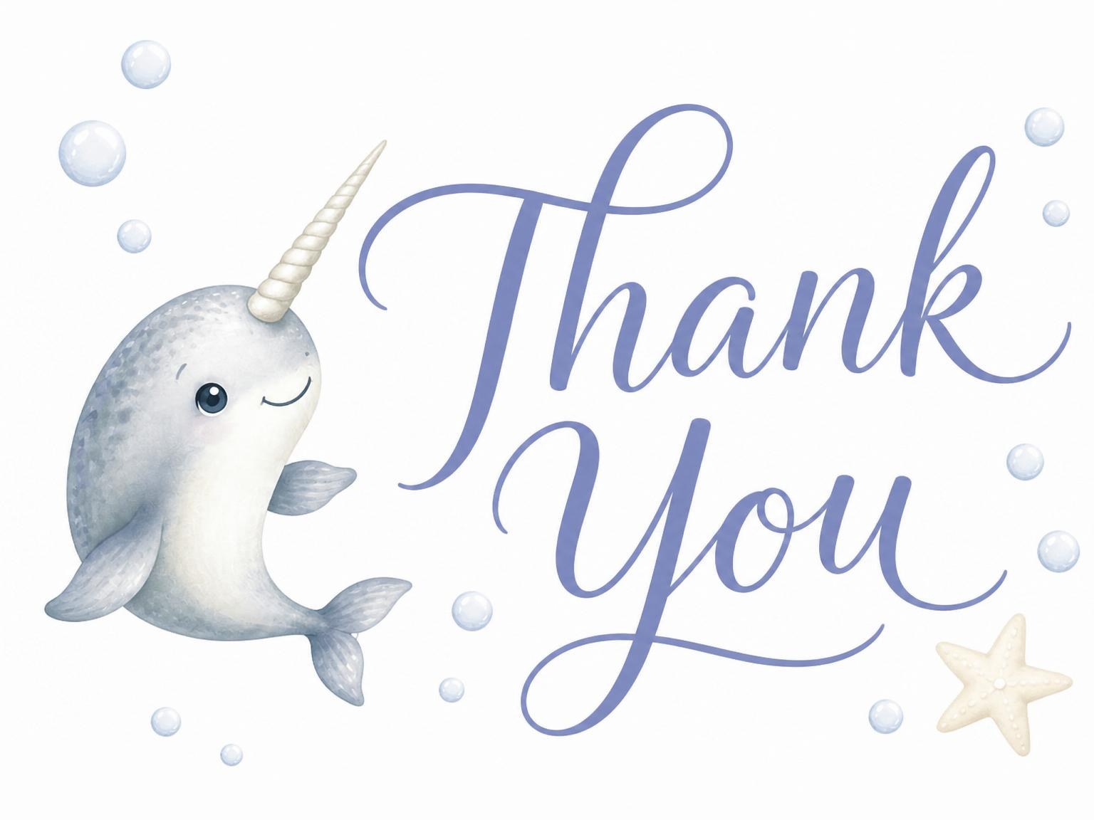 The matching thank-you card for the Blue Narwhal Watercolor 3rd Birthday invitation