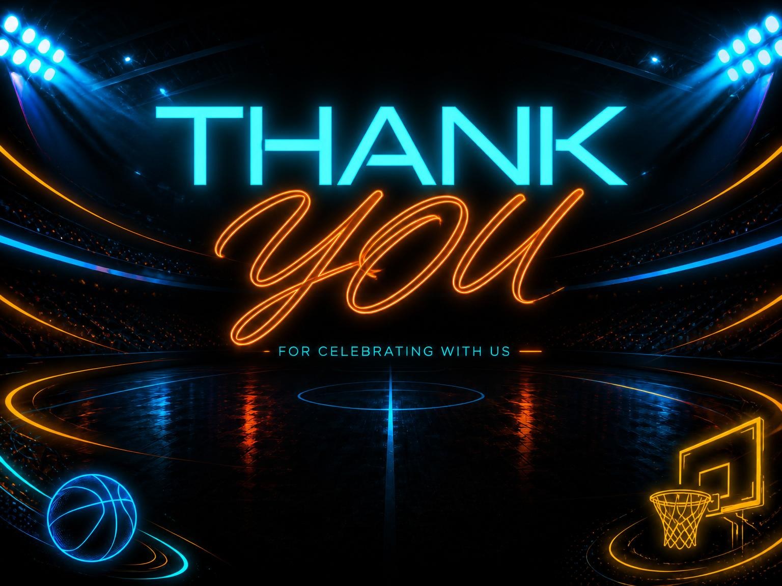 The matching thank-you card for the Neon Game Time Basketball 9th Birthday invitation