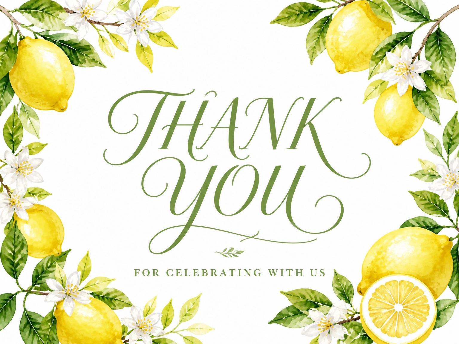 The matching thank-you card for the Watercolor Lemon Citrus Baby Shower invitation