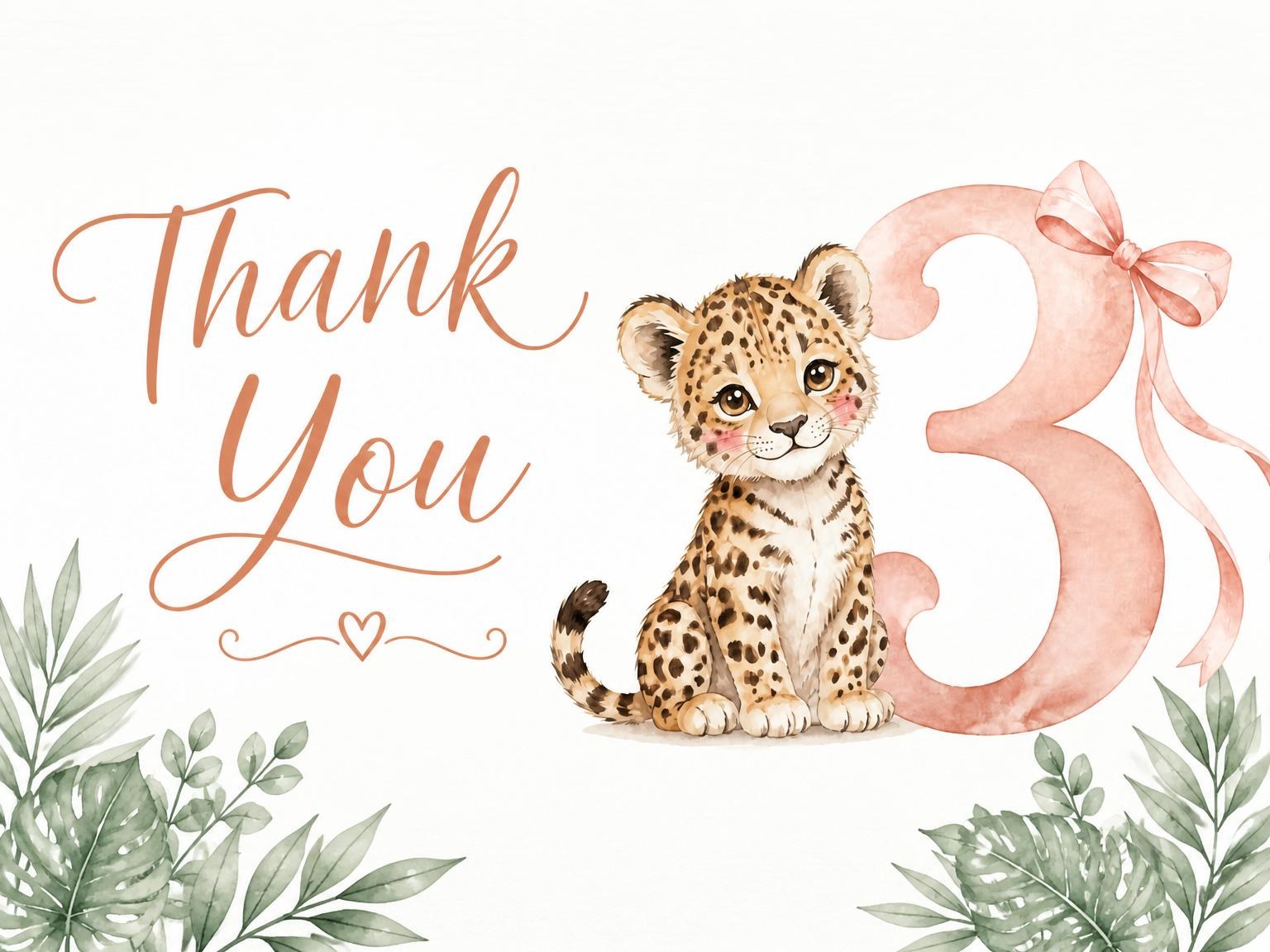The matching thank-you card for the Blush Leopard Botanical 3rd Birthday invitation