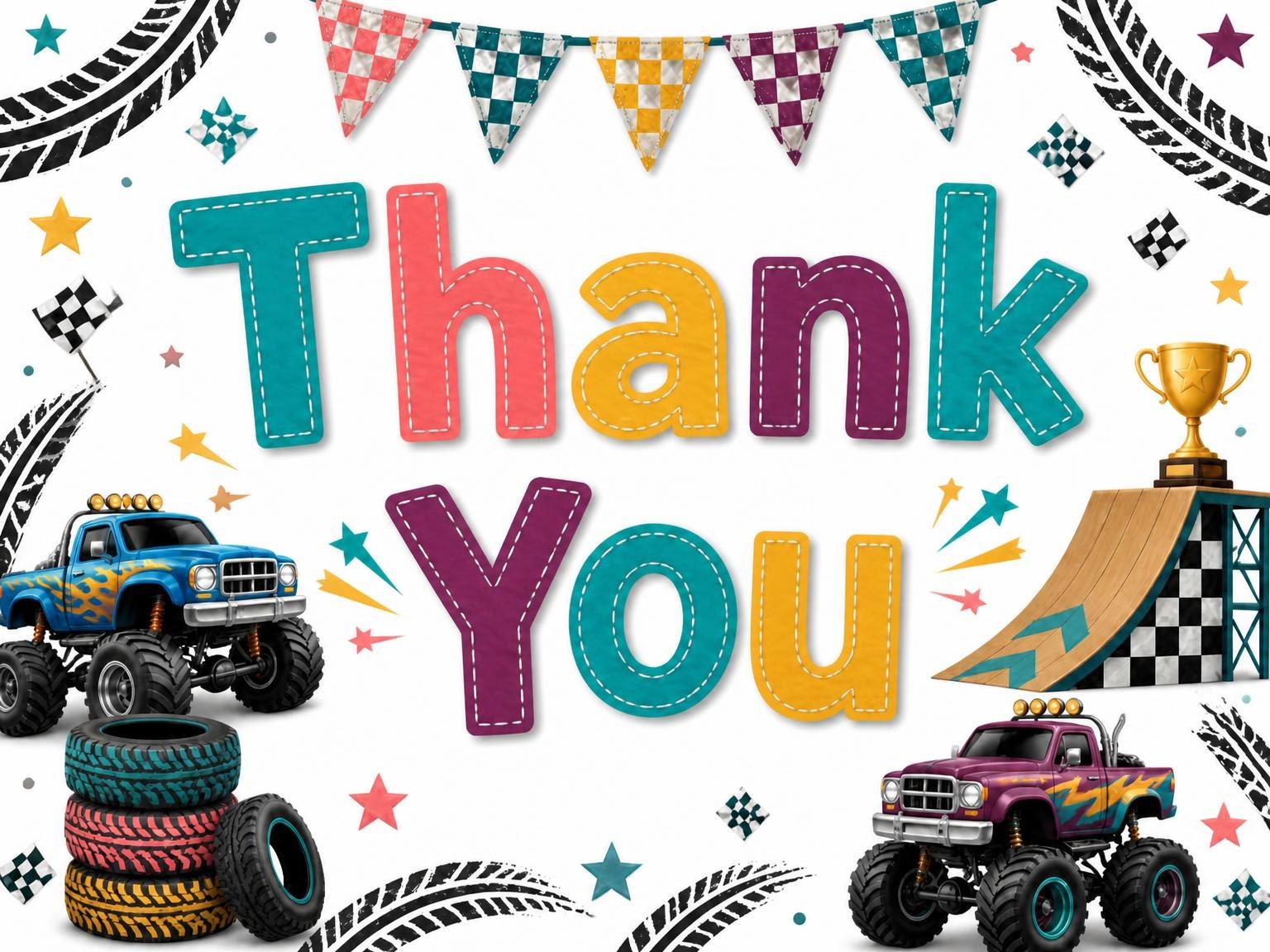 The matching thank-you card for the Stitched Monster Truck 9th Birthday Invitation invitation